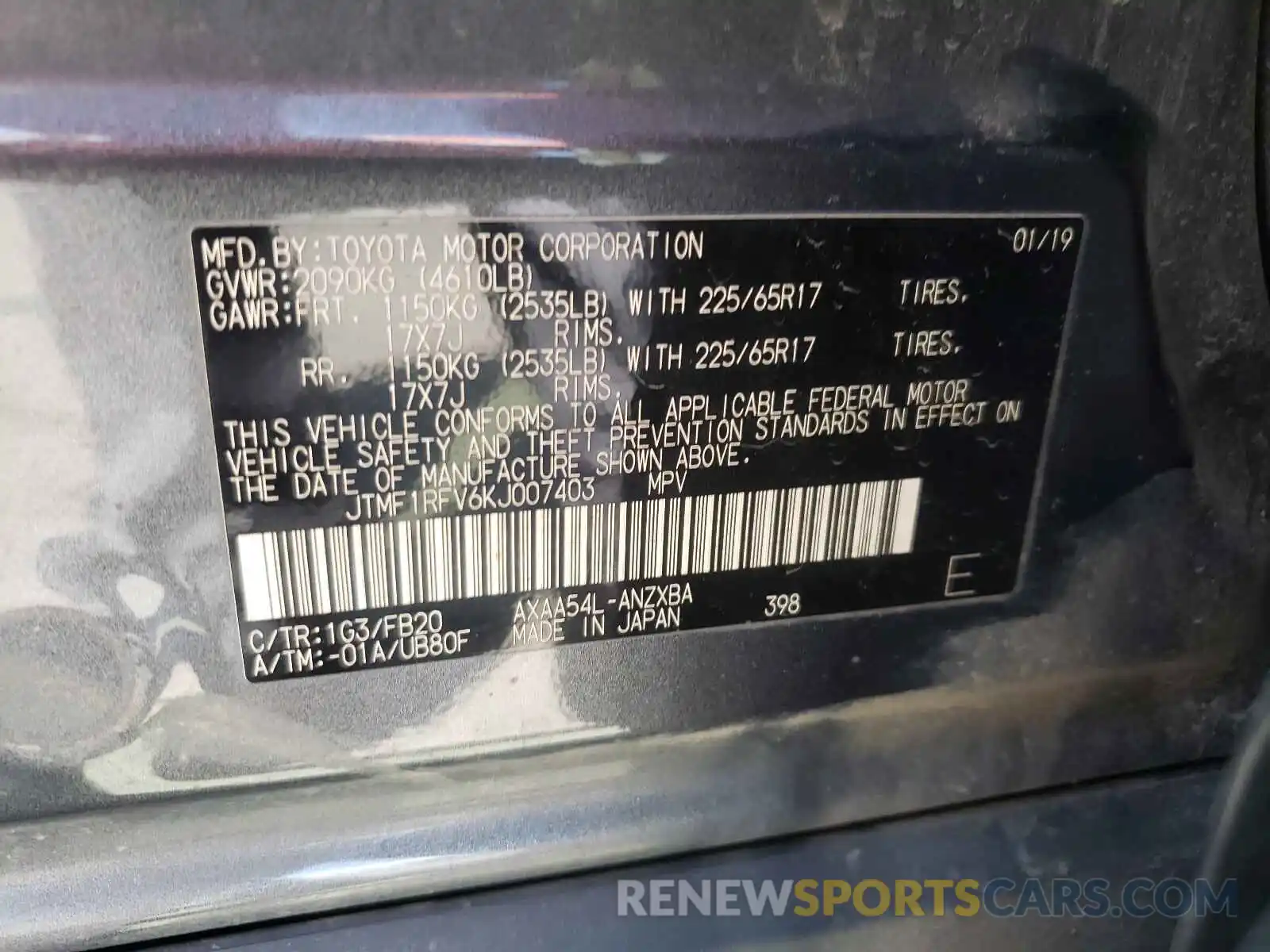 10 Photograph of a damaged car JTMF1RFV6KJ007403 TOYOTA RAV4 2019