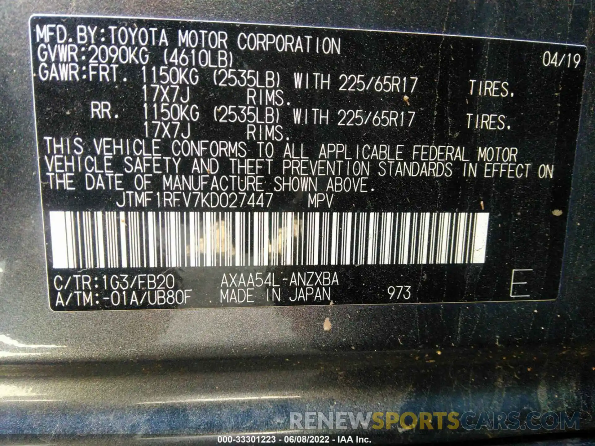 9 Фотография поврежденного автомобиля JTMF1RFV7KD027447 TOYOTA RAV4 2019