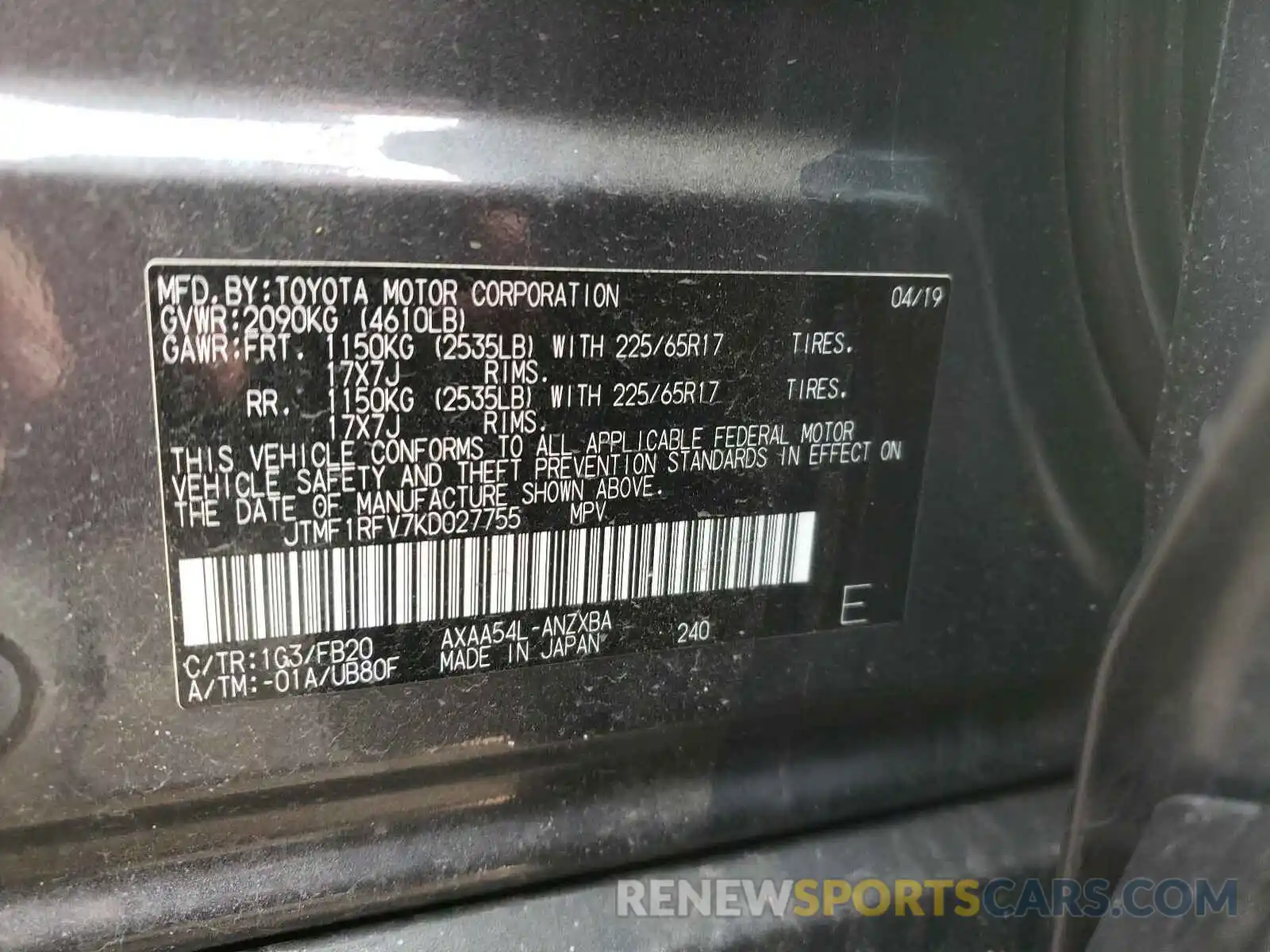 10 Photograph of a damaged car JTMF1RFV7KD027755 TOYOTA RAV4 2019