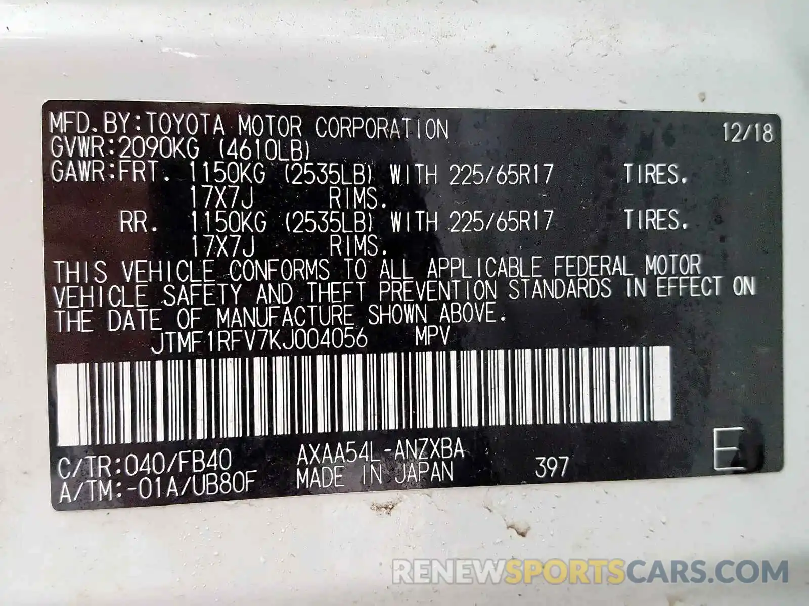 10 Photograph of a damaged car JTMF1RFV7KJ004056 TOYOTA RAV4 2019