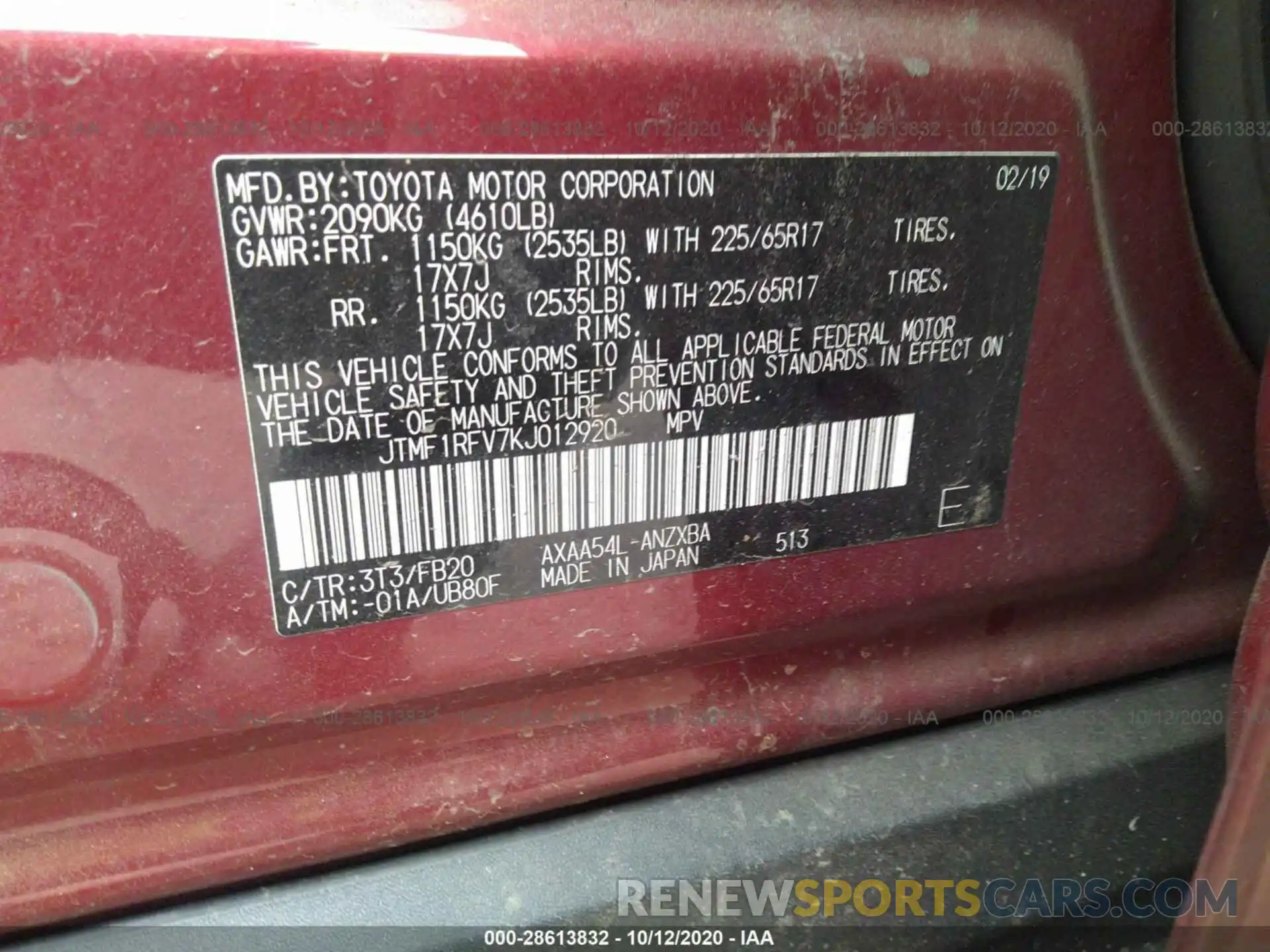 9 Фотография поврежденного автомобиля JTMF1RFV7KJ012920 TOYOTA RAV4 2019