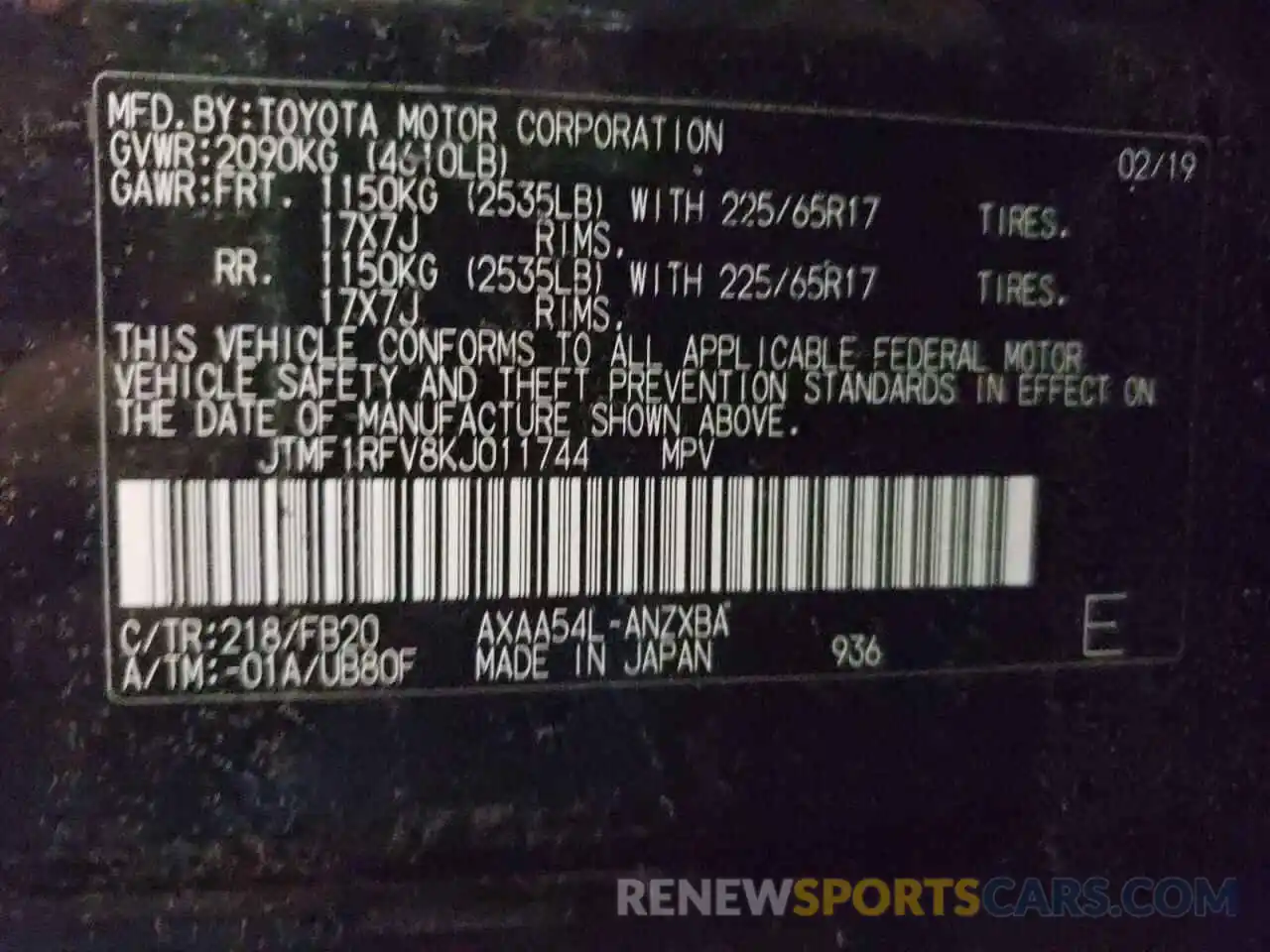 10 Фотография поврежденного автомобиля JTMF1RFV8KJ011744 TOYOTA RAV4 2019