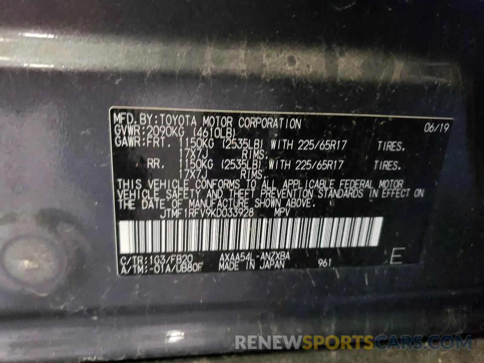 10 Photograph of a damaged car JTMF1RFV9KD033928 TOYOTA RAV4 2019