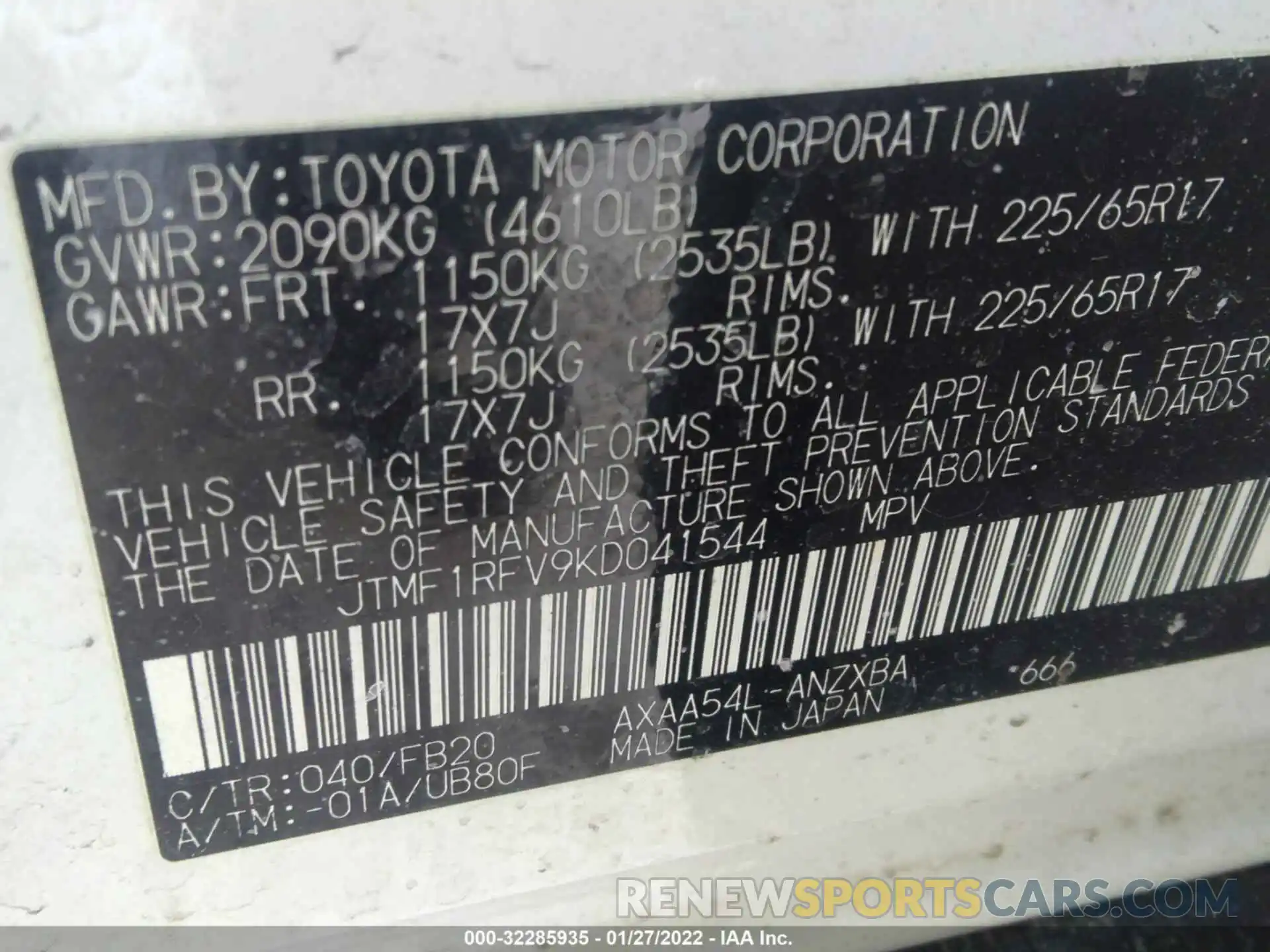 9 Фотография поврежденного автомобиля JTMF1RFV9KD041544 TOYOTA RAV4 2019