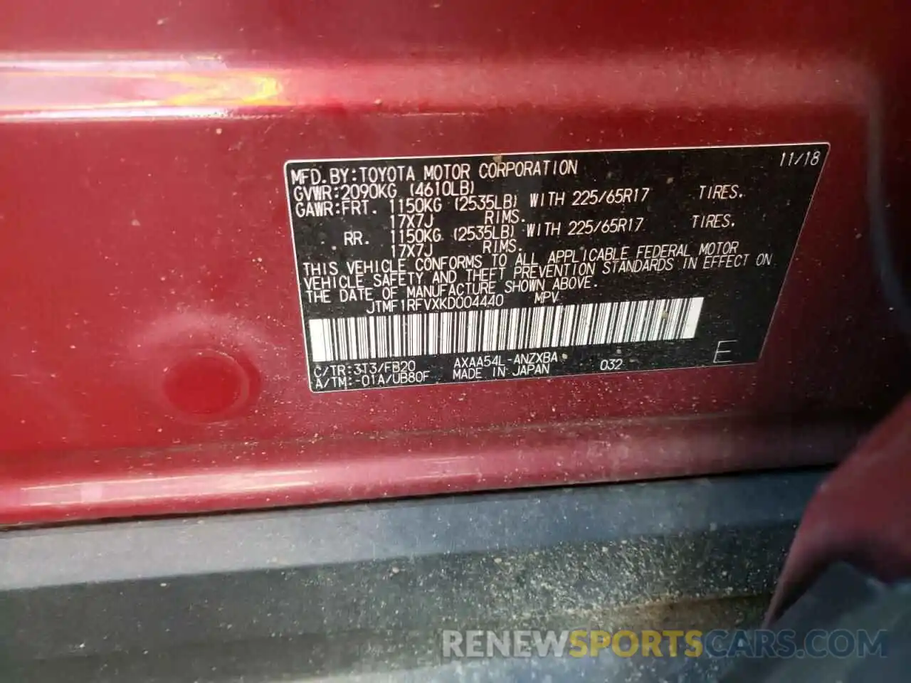 10 Photograph of a damaged car JTMF1RFVXKD004440 TOYOTA RAV4 2019