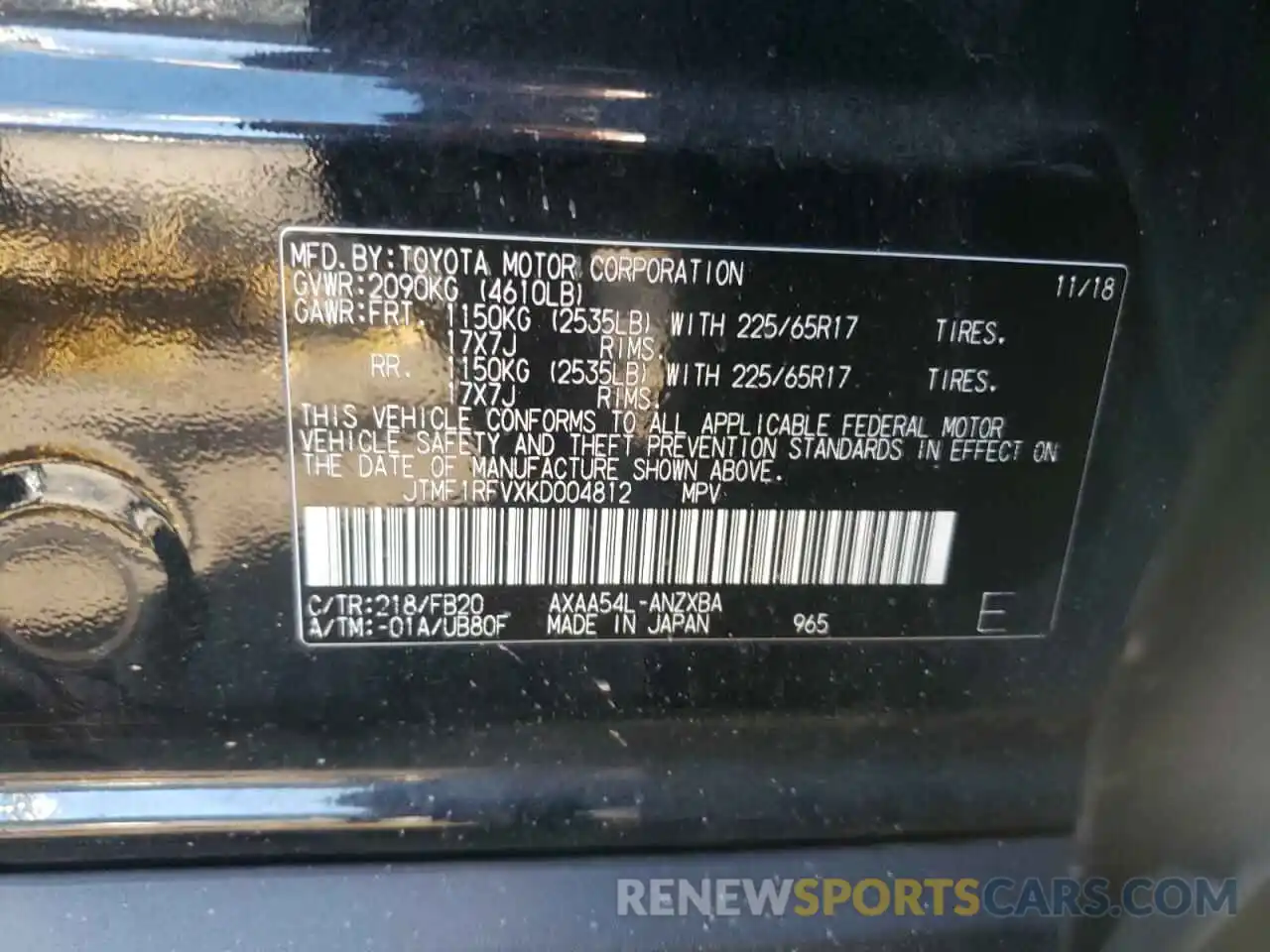 10 Photograph of a damaged car JTMF1RFVXKD004812 TOYOTA RAV4 2019