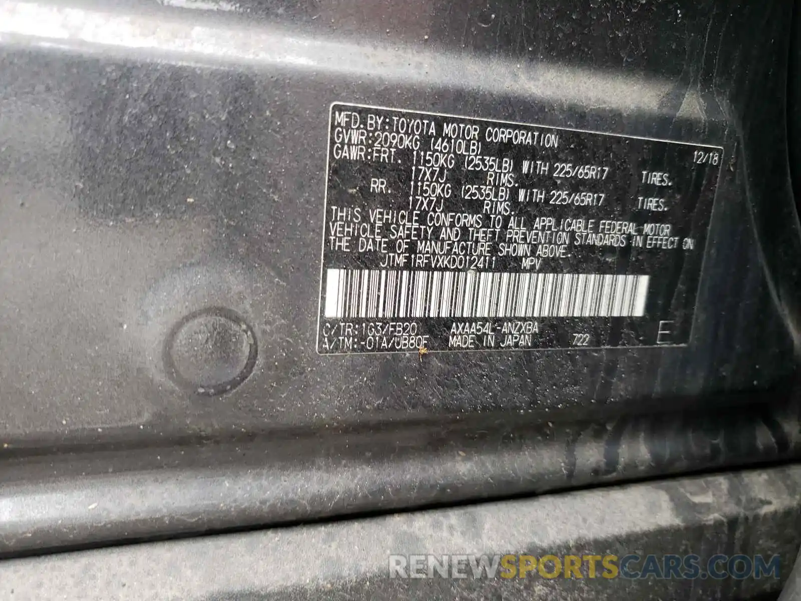 10 Photograph of a damaged car JTMF1RFVXKD012411 TOYOTA RAV4 2019