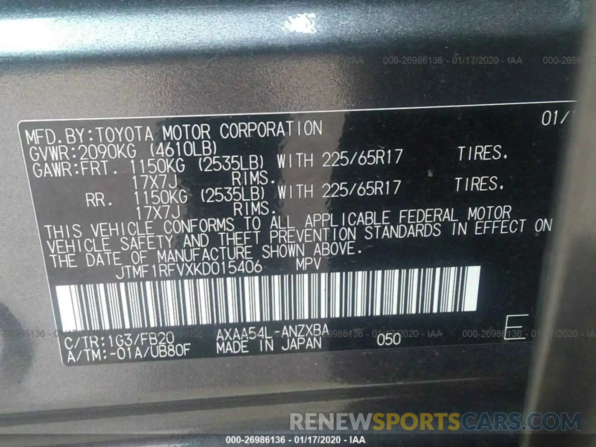 9 Фотография поврежденного автомобиля JTMF1RFVXKD015406 TOYOTA RAV4 2019