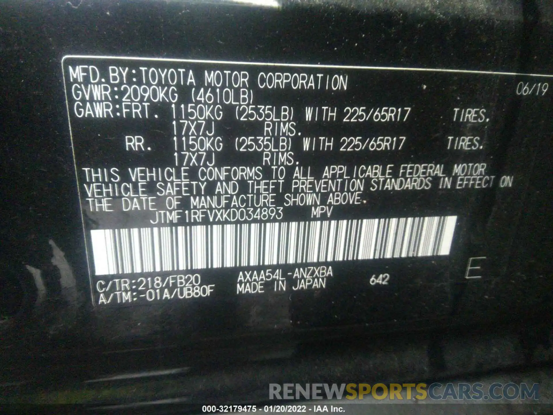 9 Фотография поврежденного автомобиля JTMF1RFVXKD034893 TOYOTA RAV4 2019