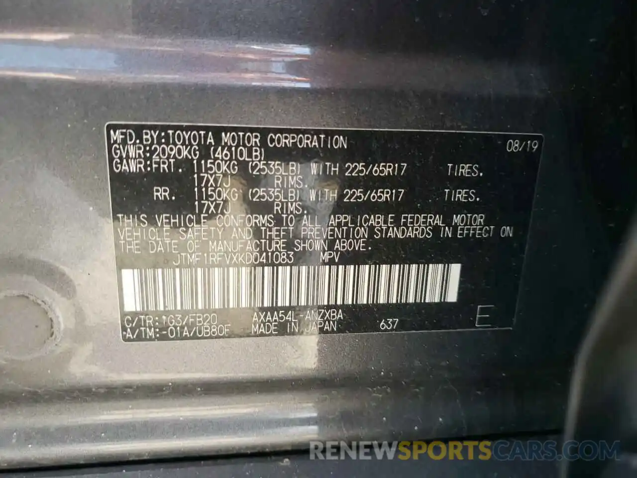 10 Photograph of a damaged car JTMF1RFVXKD041083 TOYOTA RAV4 2019