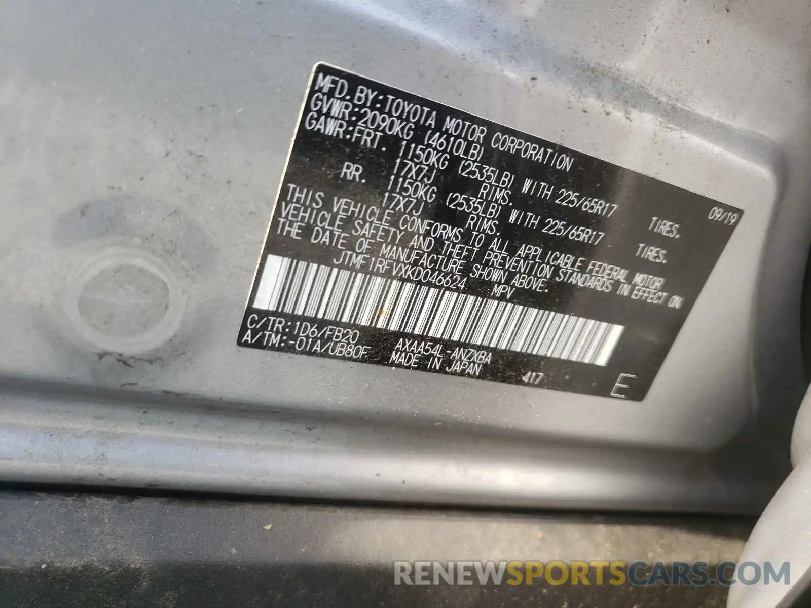 10 Photograph of a damaged car JTMF1RFVXKD046624 TOYOTA RAV4 2019