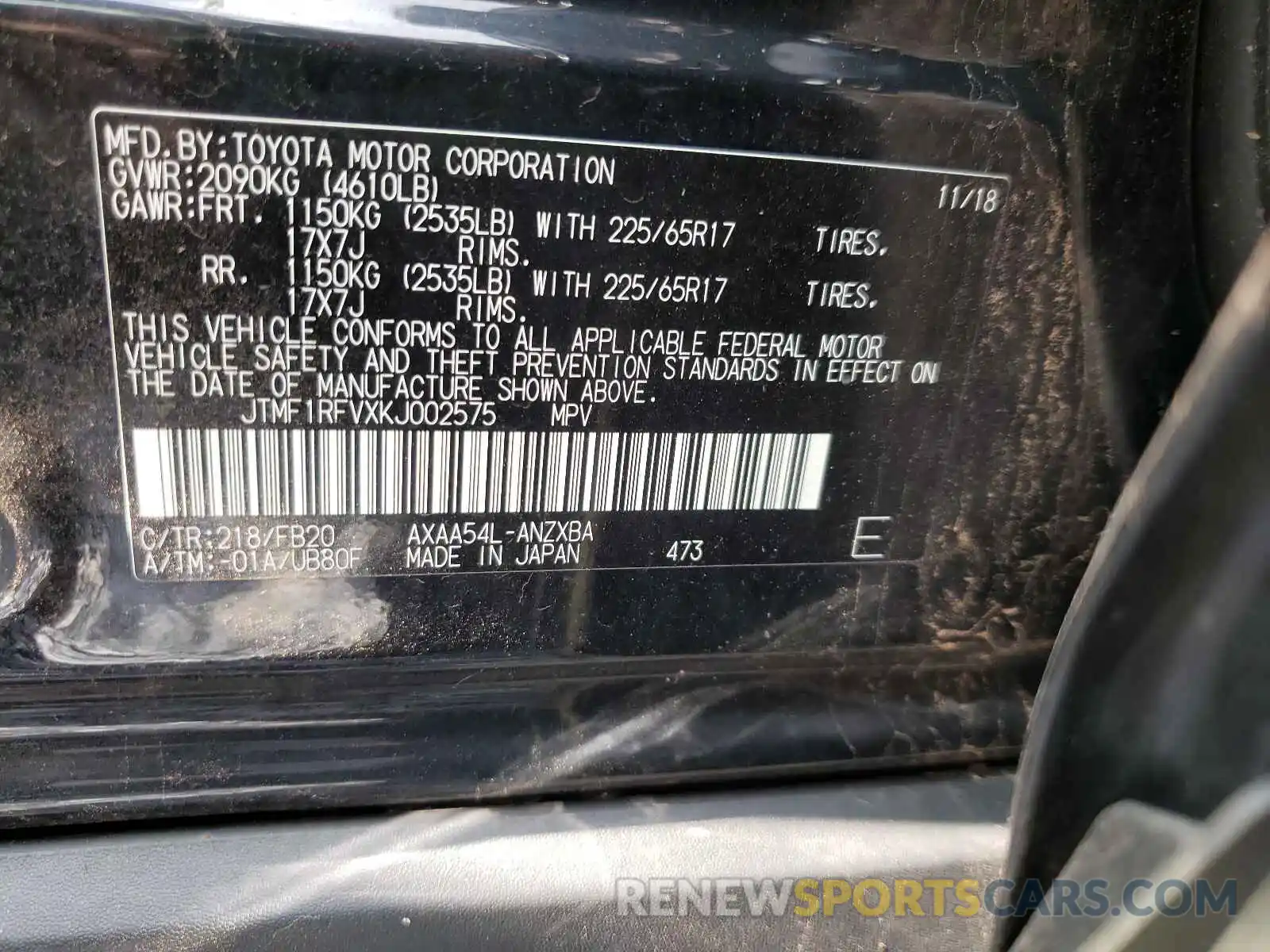 10 Photograph of a damaged car JTMF1RFVXKJ002575 TOYOTA RAV4 2019