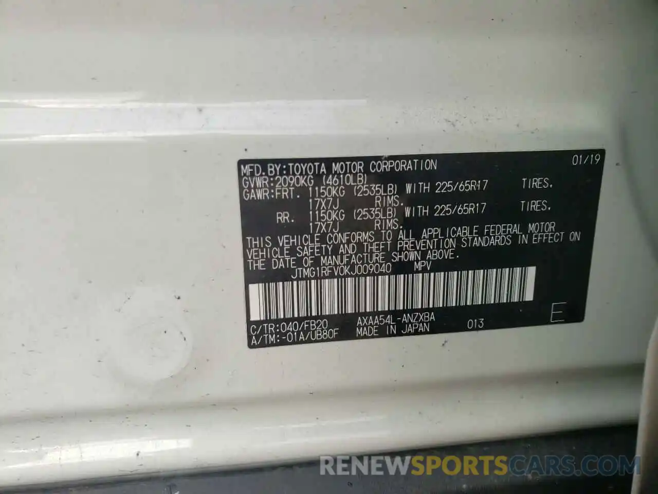 10 Photograph of a damaged car JTMG1RFV0KJ009040 TOYOTA RAV4 2019