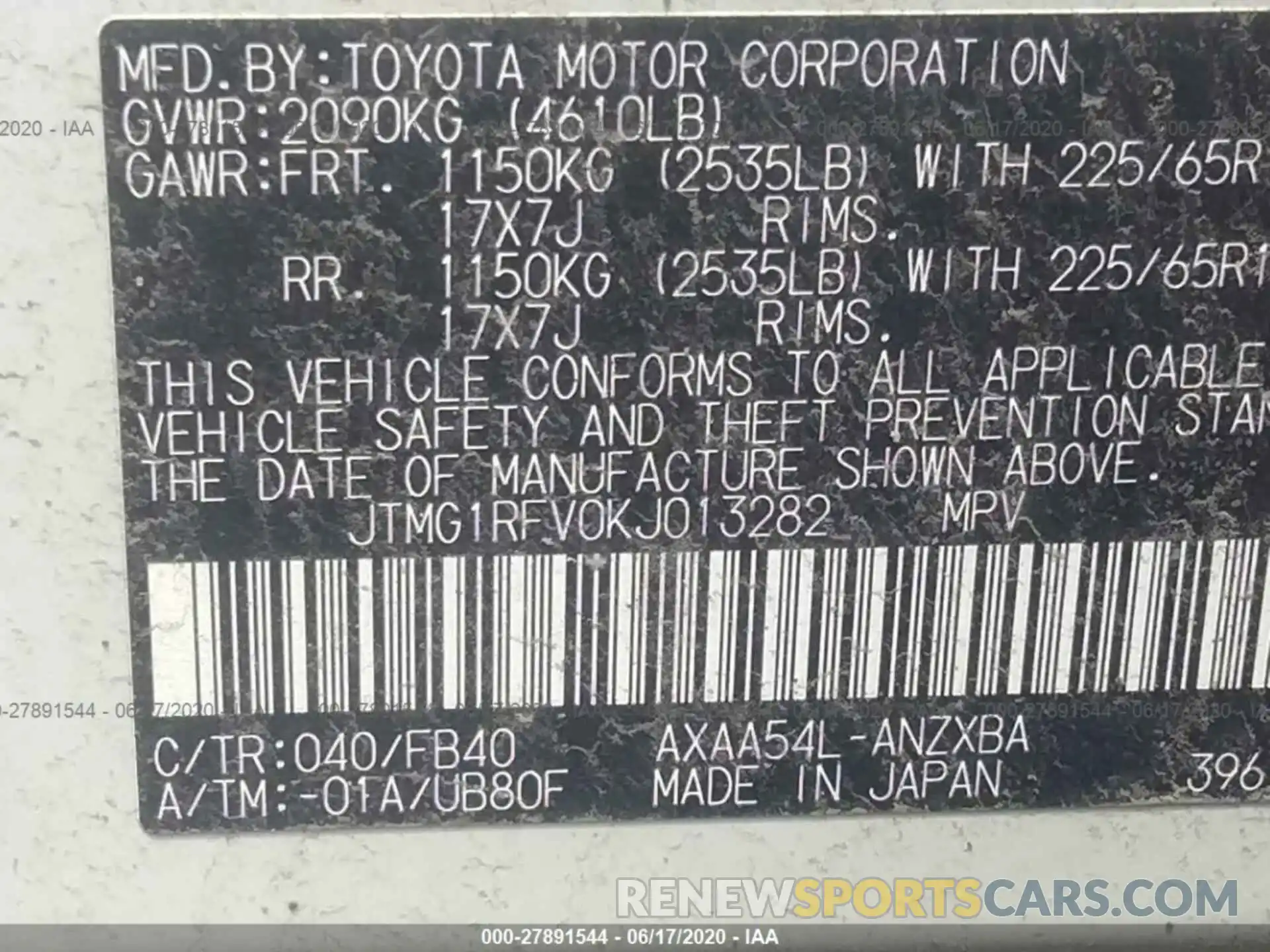 9 Фотография поврежденного автомобиля JTMG1RFV0KJ013282 TOYOTA RAV4 2019