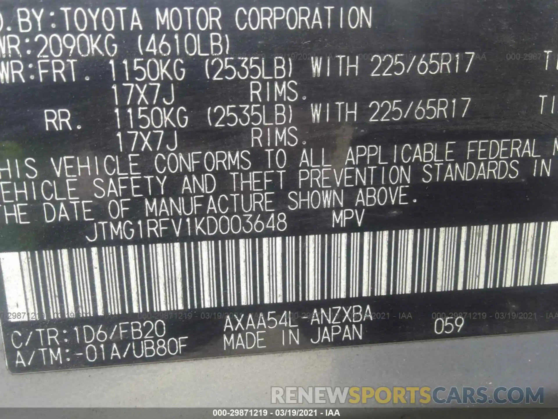 9 Фотография поврежденного автомобиля JTMG1RFV1KD003648 TOYOTA RAV4 2019