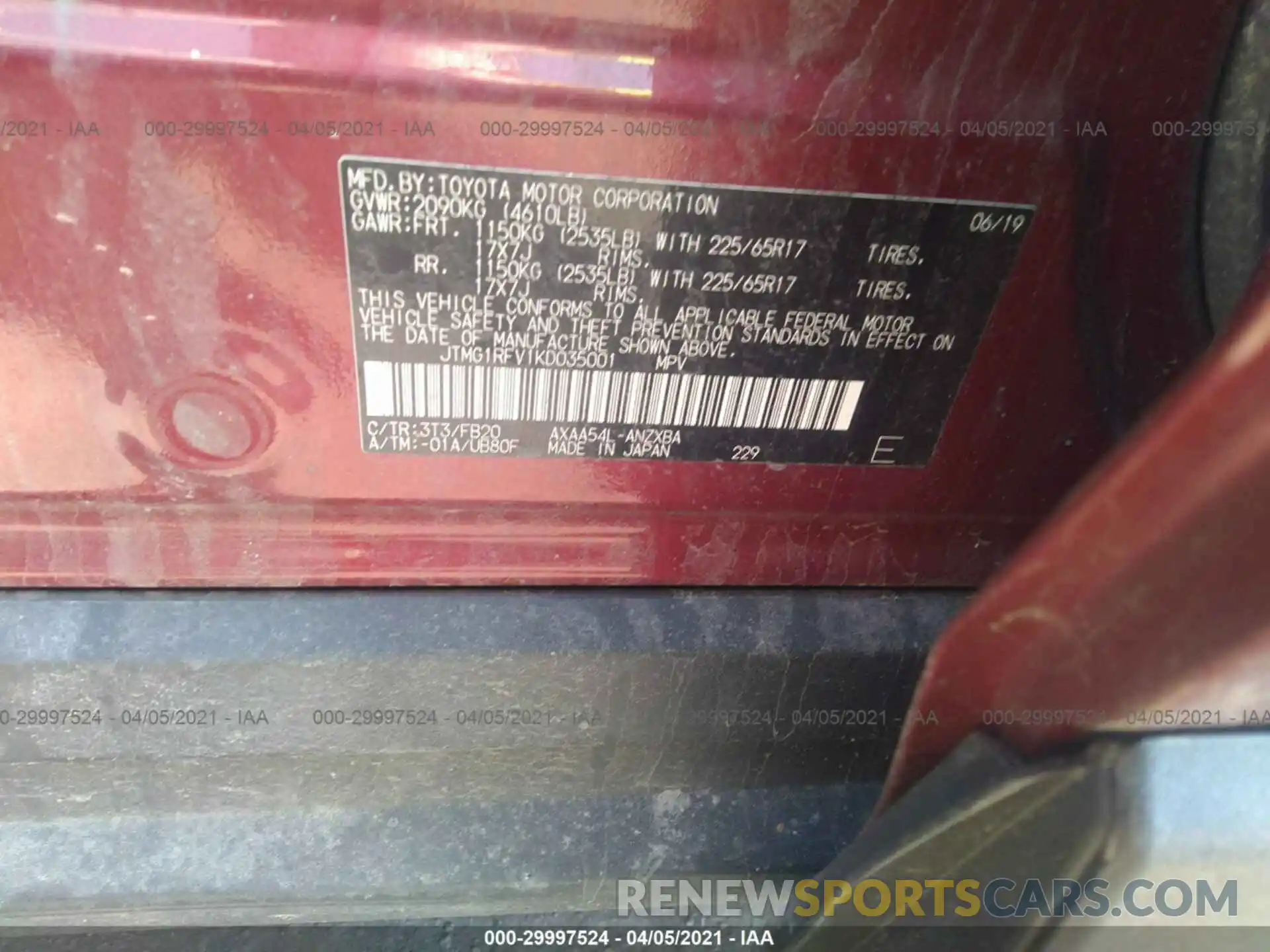 9 Photograph of a damaged car JTMG1RFV1KD035001 TOYOTA RAV4 2019