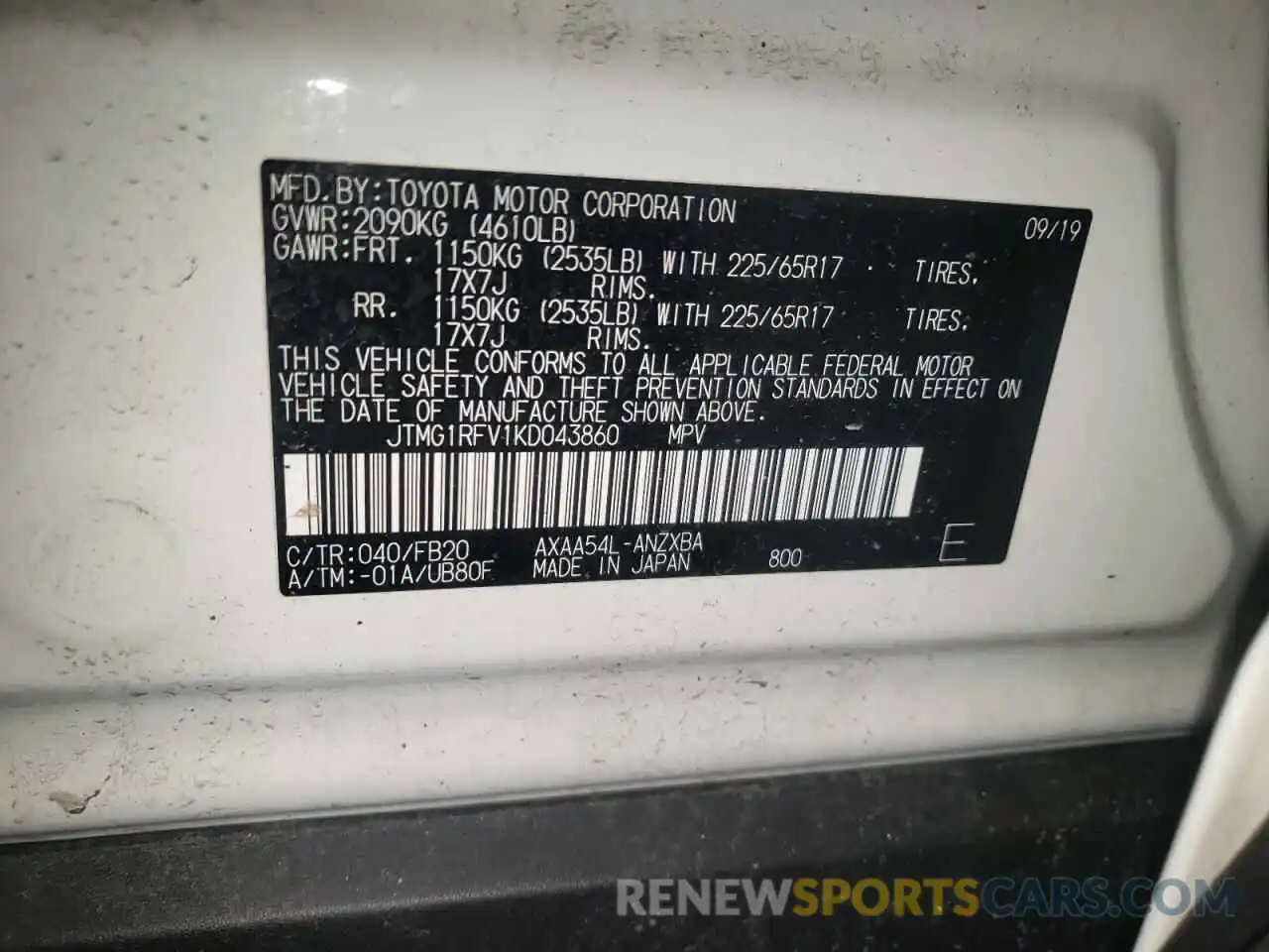 10 Photograph of a damaged car JTMG1RFV1KD043860 TOYOTA RAV4 2019