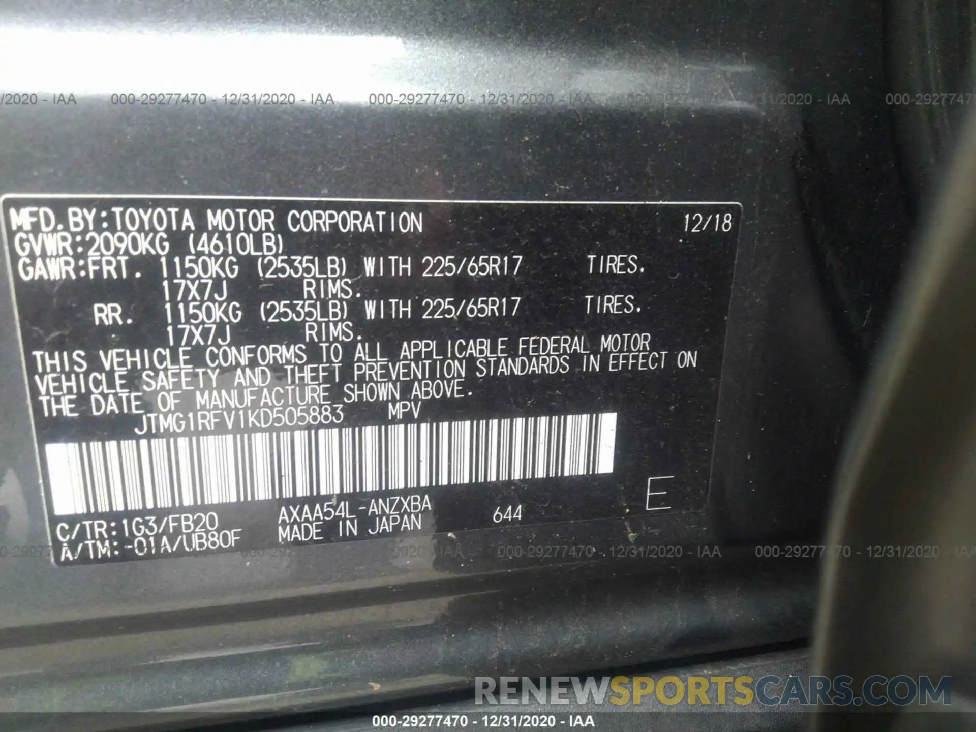 9 Фотография поврежденного автомобиля JTMG1RFV1KD505883 TOYOTA RAV4 2019