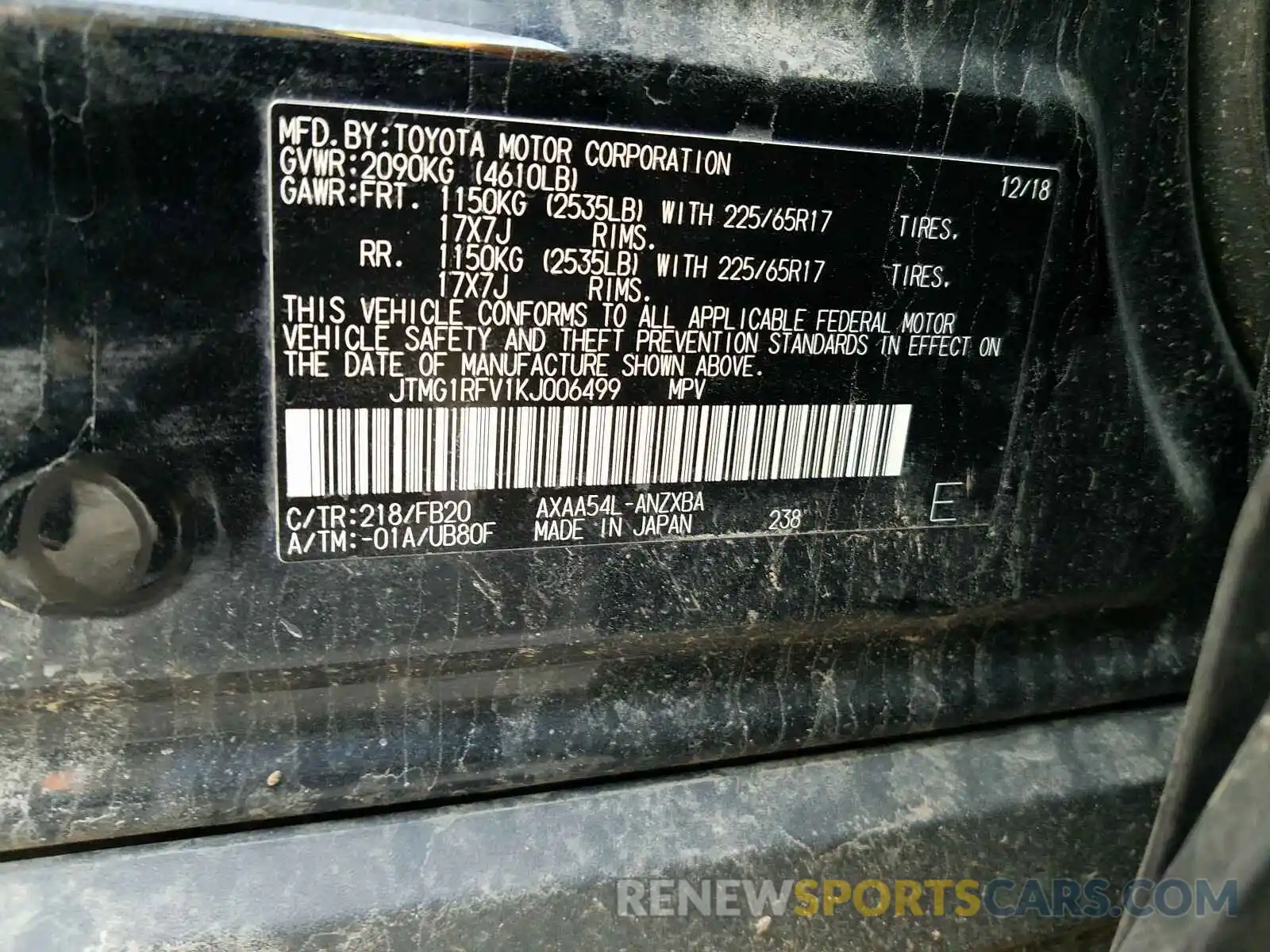 10 Photograph of a damaged car JTMG1RFV1KJ006499 TOYOTA RAV4 2019