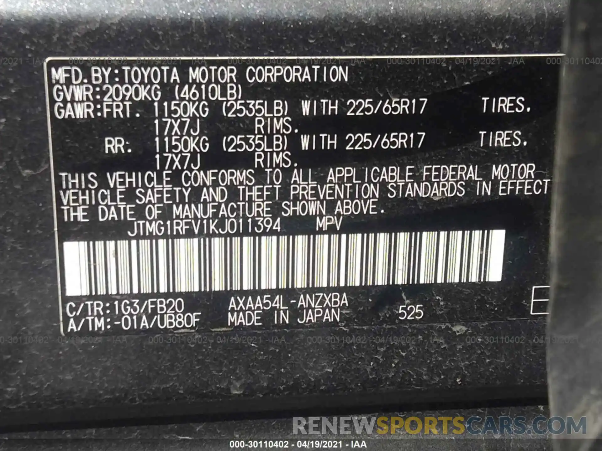 9 Фотография поврежденного автомобиля JTMG1RFV1KJ011394 TOYOTA RAV4 2019