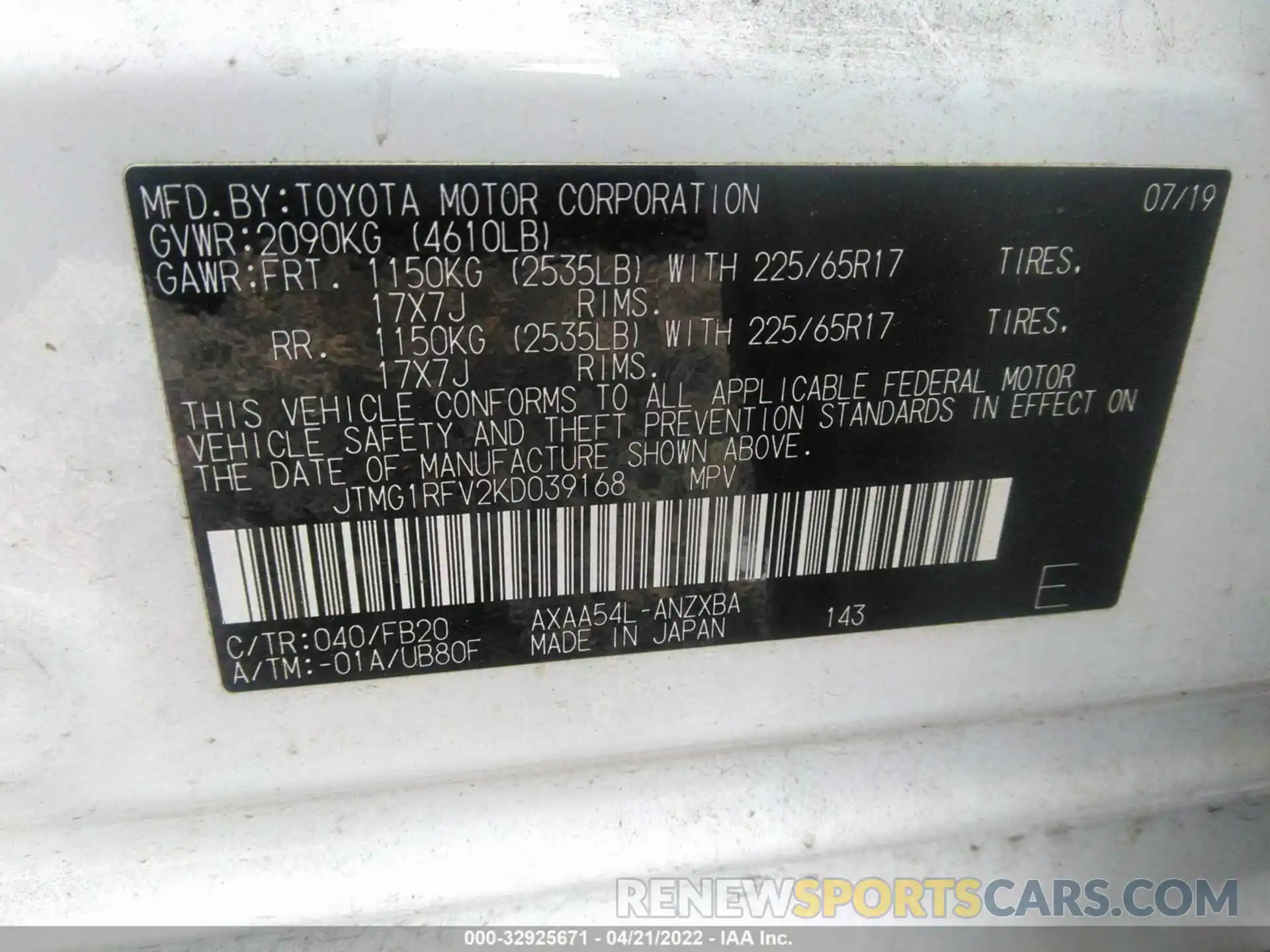 9 Фотография поврежденного автомобиля JTMG1RFV2KD039168 TOYOTA RAV4 2019