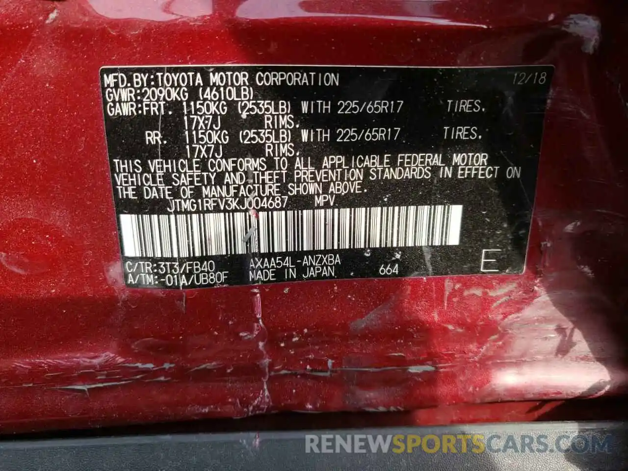 10 Photograph of a damaged car JTMG1RFV3KJ004687 TOYOTA RAV4 2019