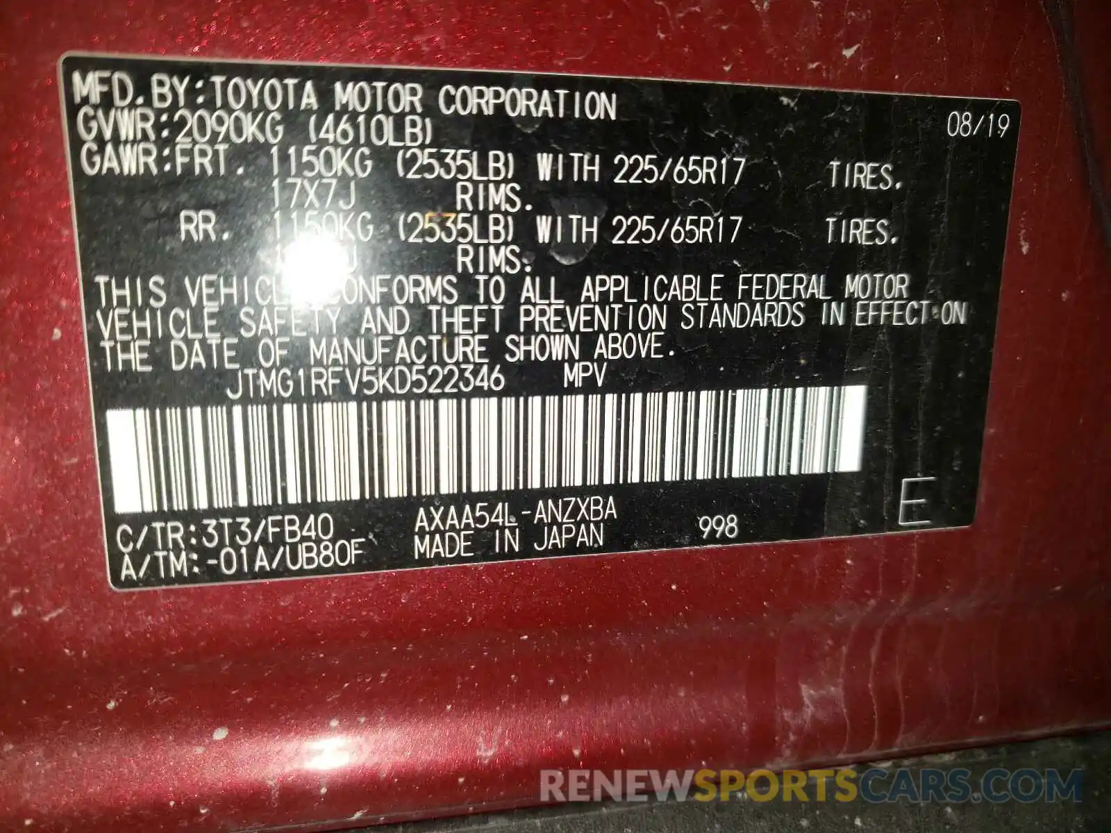 10 Фотография поврежденного автомобиля JTMG1RFV5KD522346 TOYOTA RAV4 2019