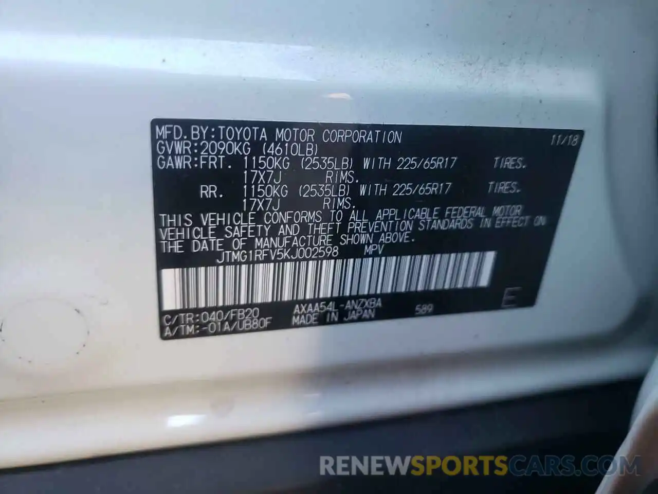 10 Photograph of a damaged car JTMG1RFV5KJ002598 TOYOTA RAV4 2019