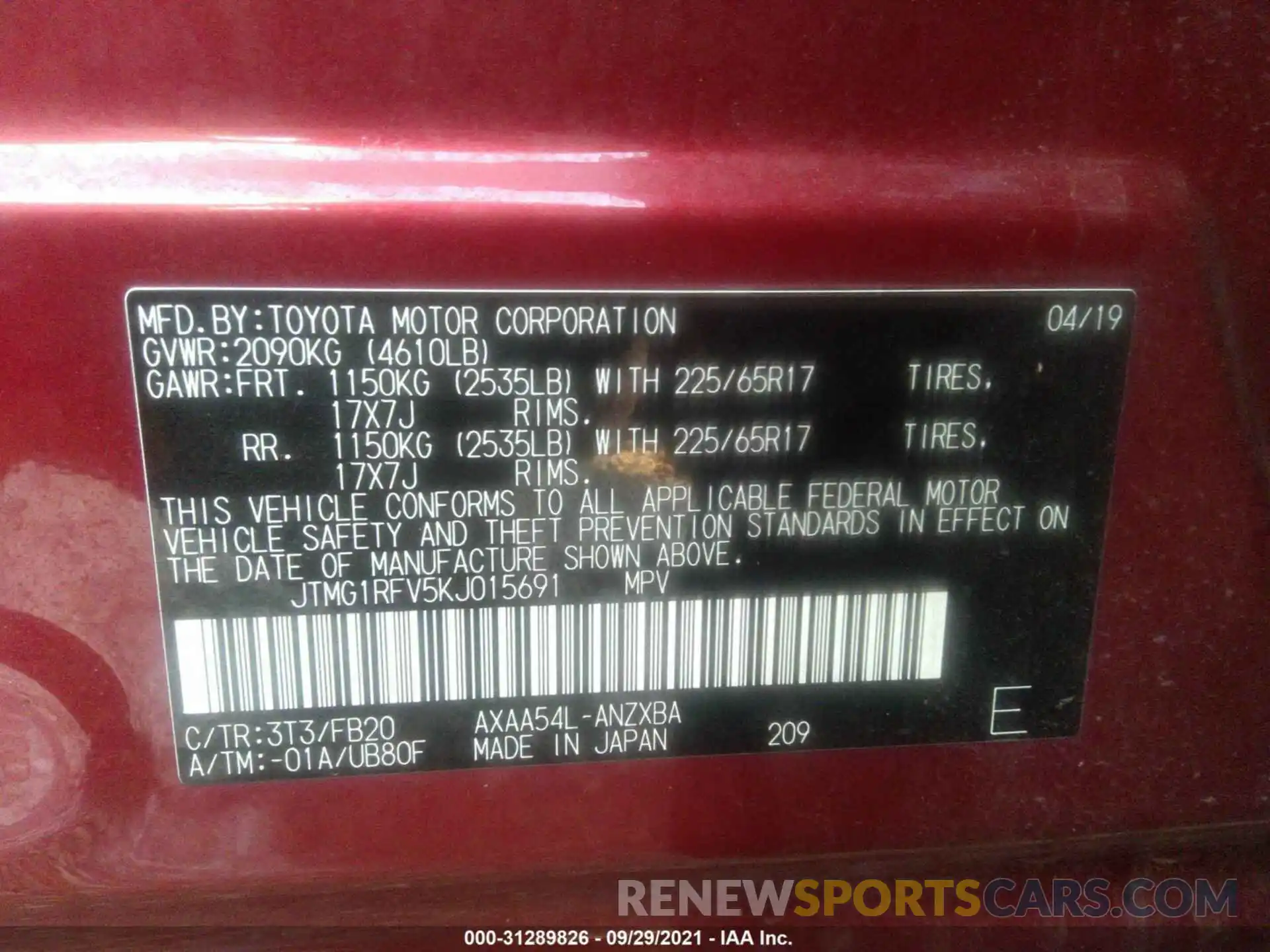 9 Фотография поврежденного автомобиля JTMG1RFV5KJ015691 TOYOTA RAV4 2019