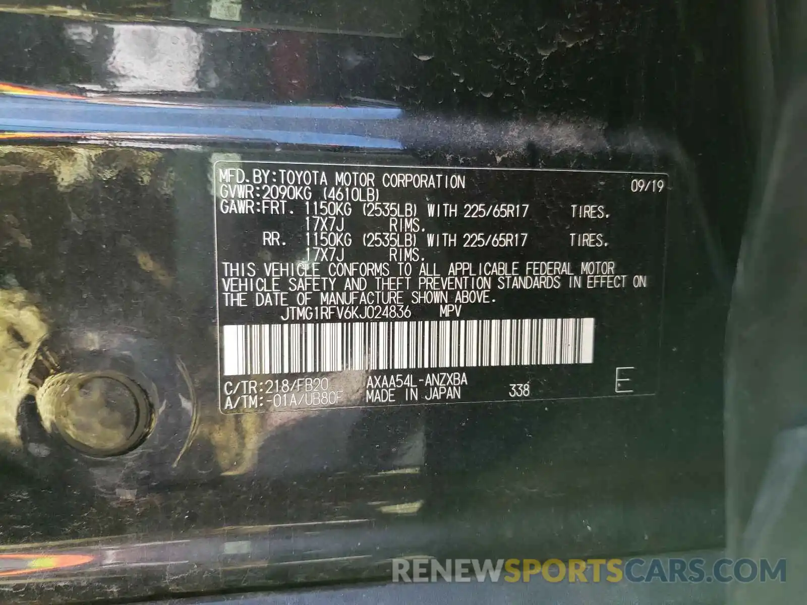 10 Photograph of a damaged car JTMG1RFV6KJ024836 TOYOTA RAV4 2019