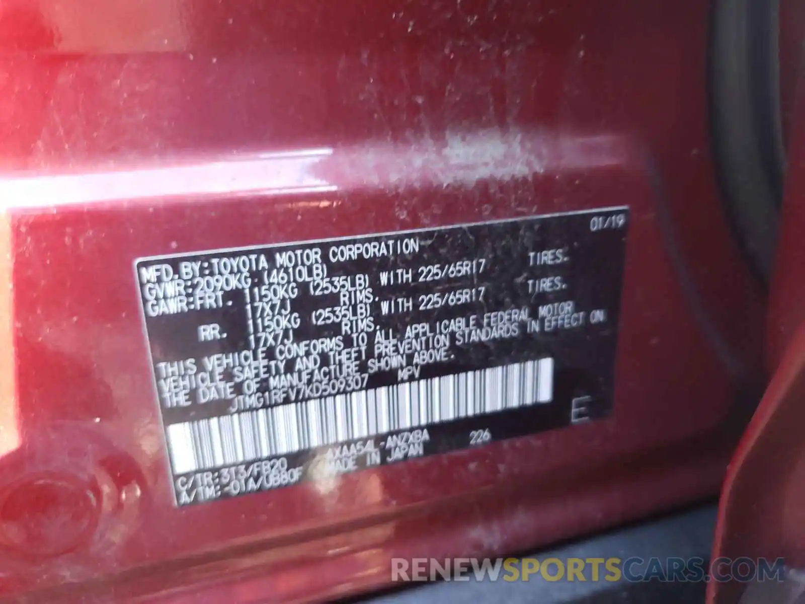 10 Photograph of a damaged car JTMG1RFV7KD509307 TOYOTA RAV4 2019