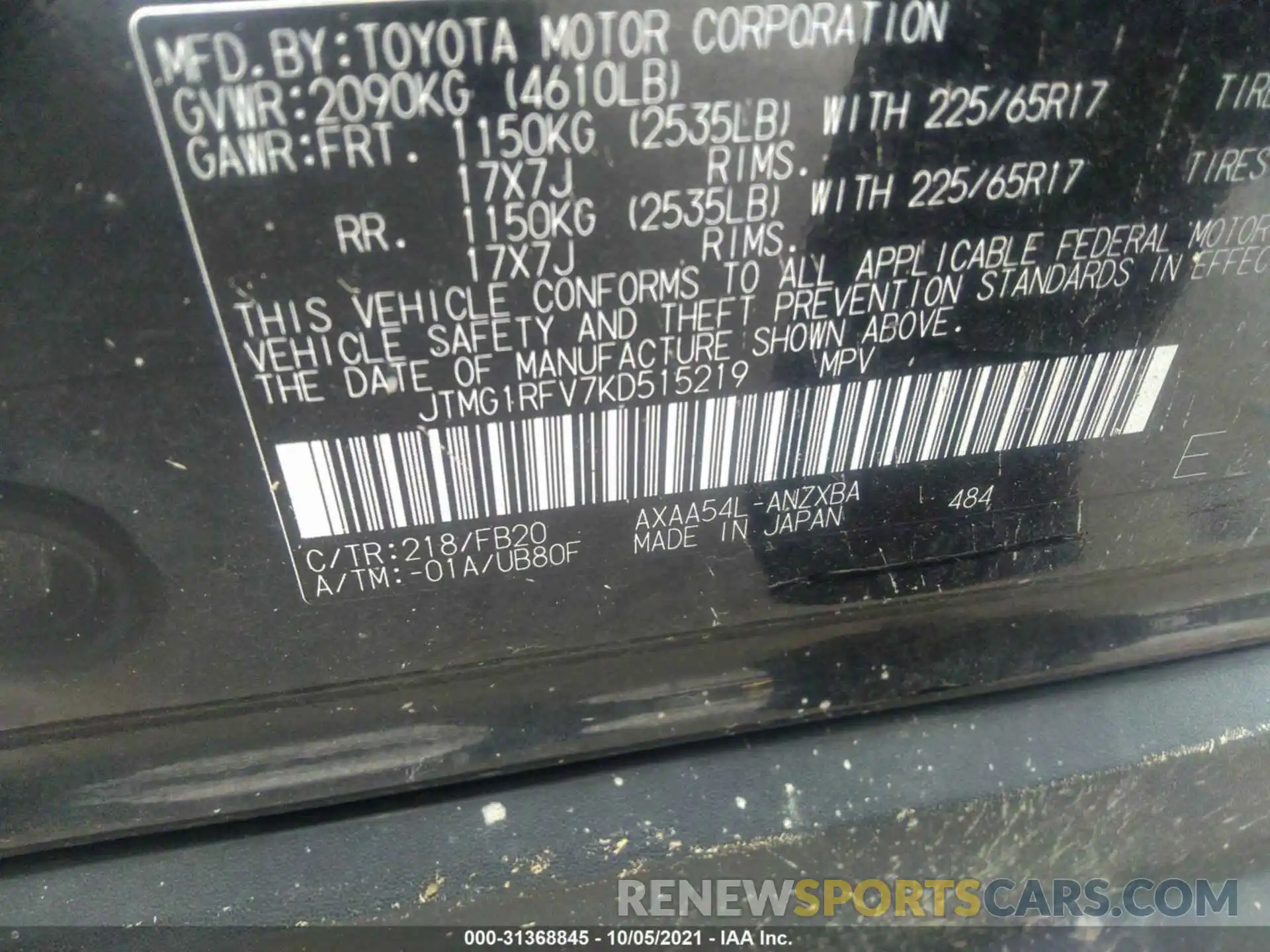 9 Фотография поврежденного автомобиля JTMG1RFV7KD515219 TOYOTA RAV4 2019