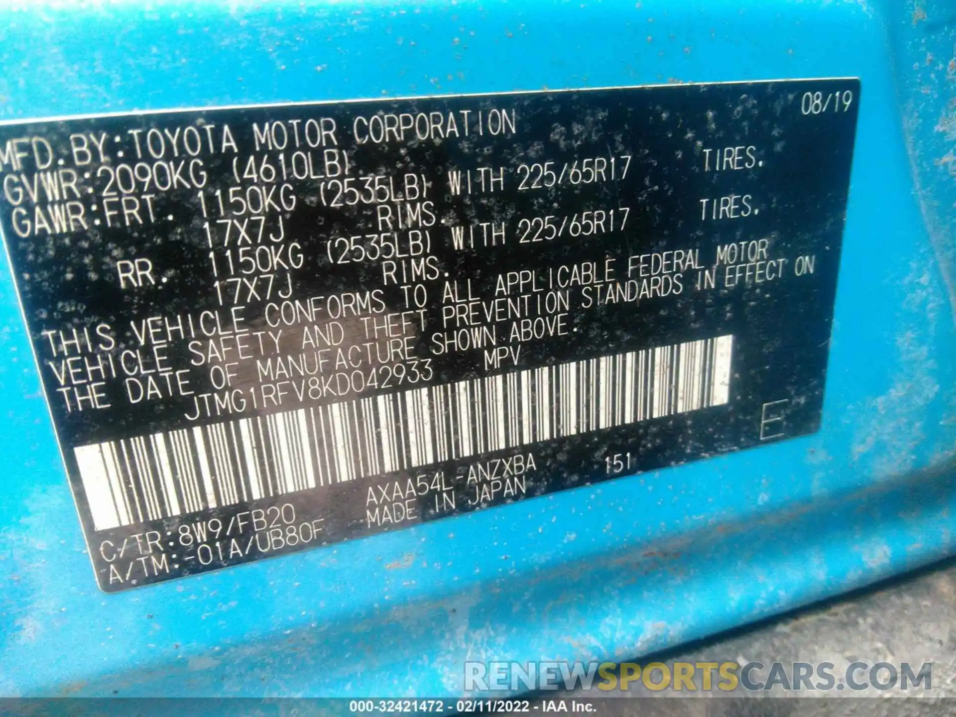 9 Фотография поврежденного автомобиля JTMG1RFV8KD042933 TOYOTA RAV4 2019