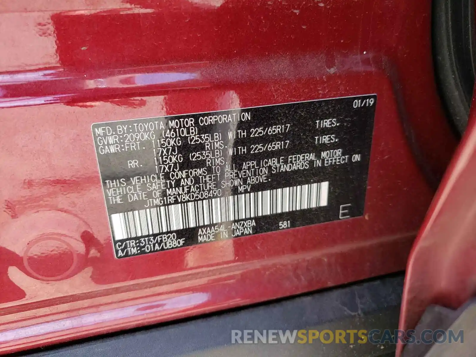 10 Photograph of a damaged car JTMG1RFV8KD508490 TOYOTA RAV4 2019