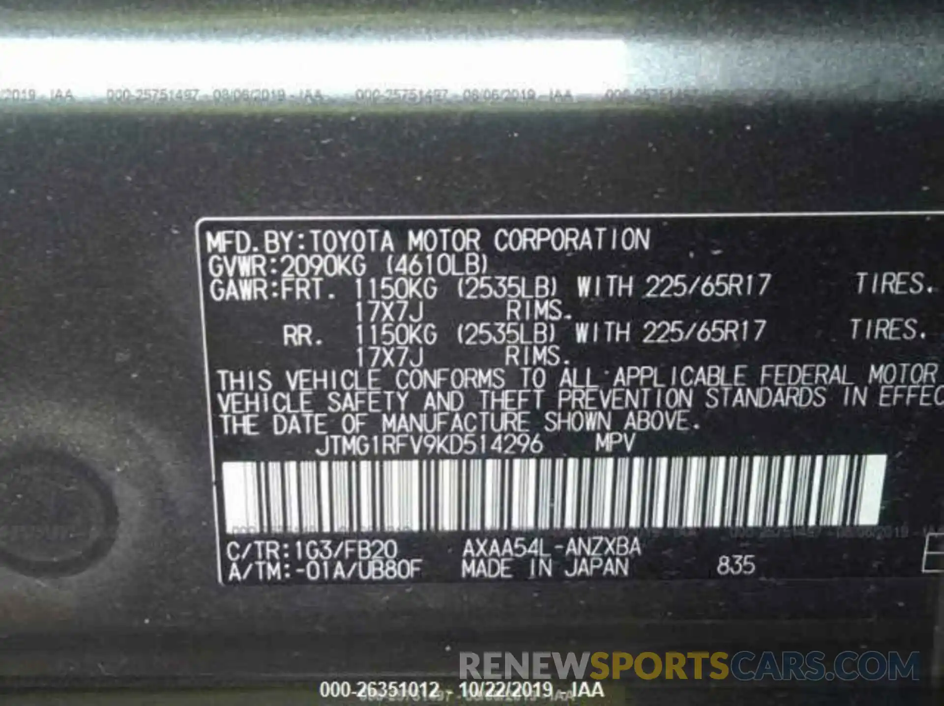 9 Фотография поврежденного автомобиля JTMG1RFV9KD514296 TOYOTA RAV4 2019