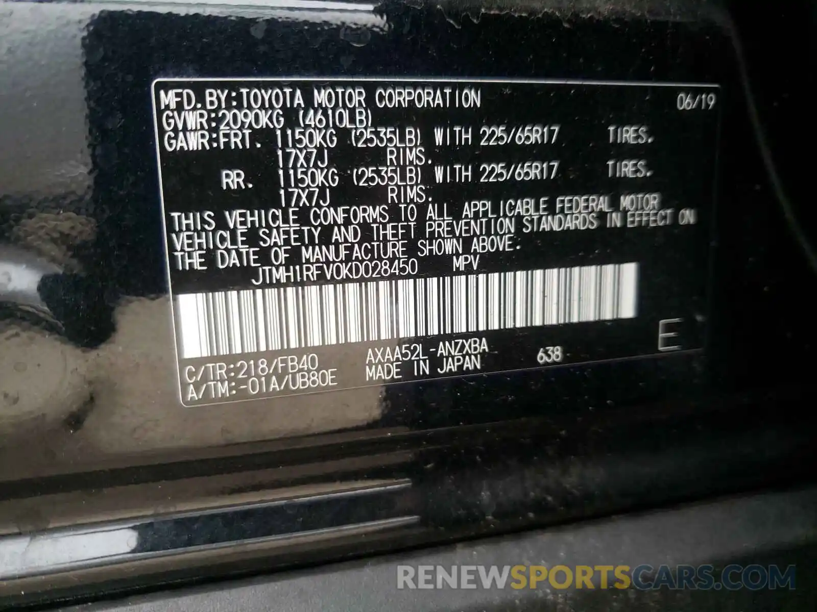 10 Фотография поврежденного автомобиля JTMH1RFV0KD028450 TOYOTA RAV4 2019