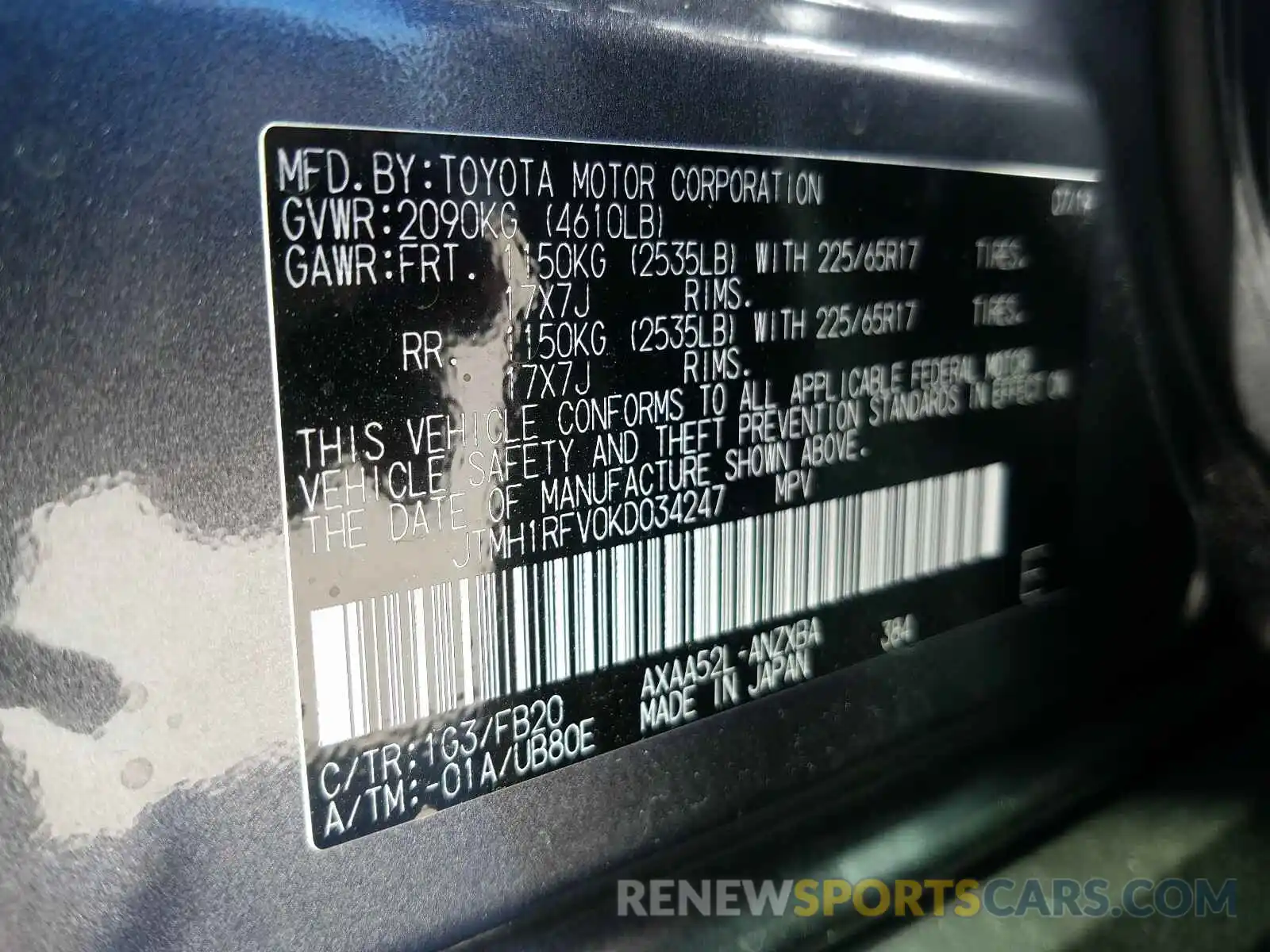 10 Photograph of a damaged car JTMH1RFV0KD034247 TOYOTA RAV4 2019