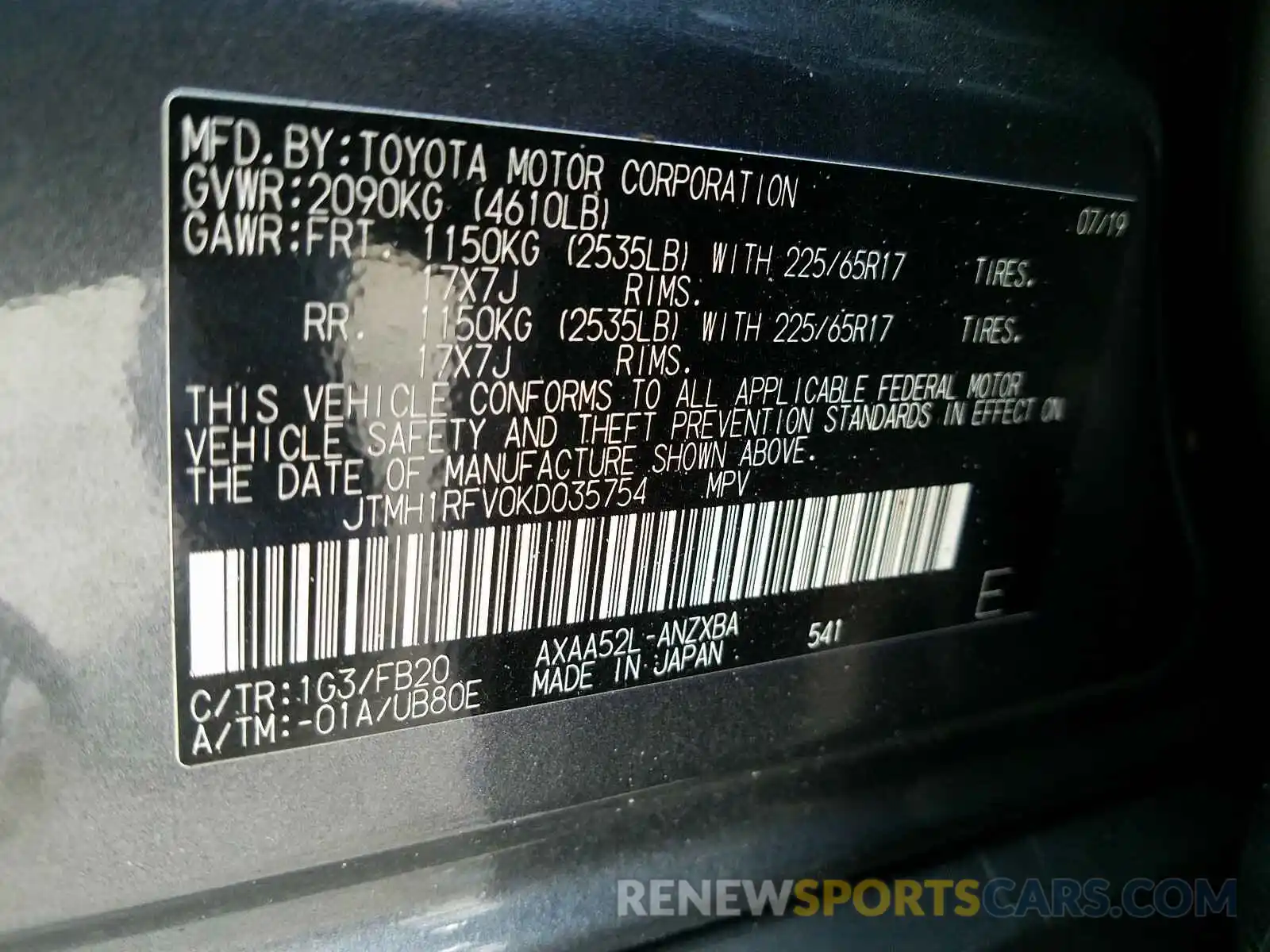 10 Фотография поврежденного автомобиля JTMH1RFV0KD035754 TOYOTA RAV4 2019