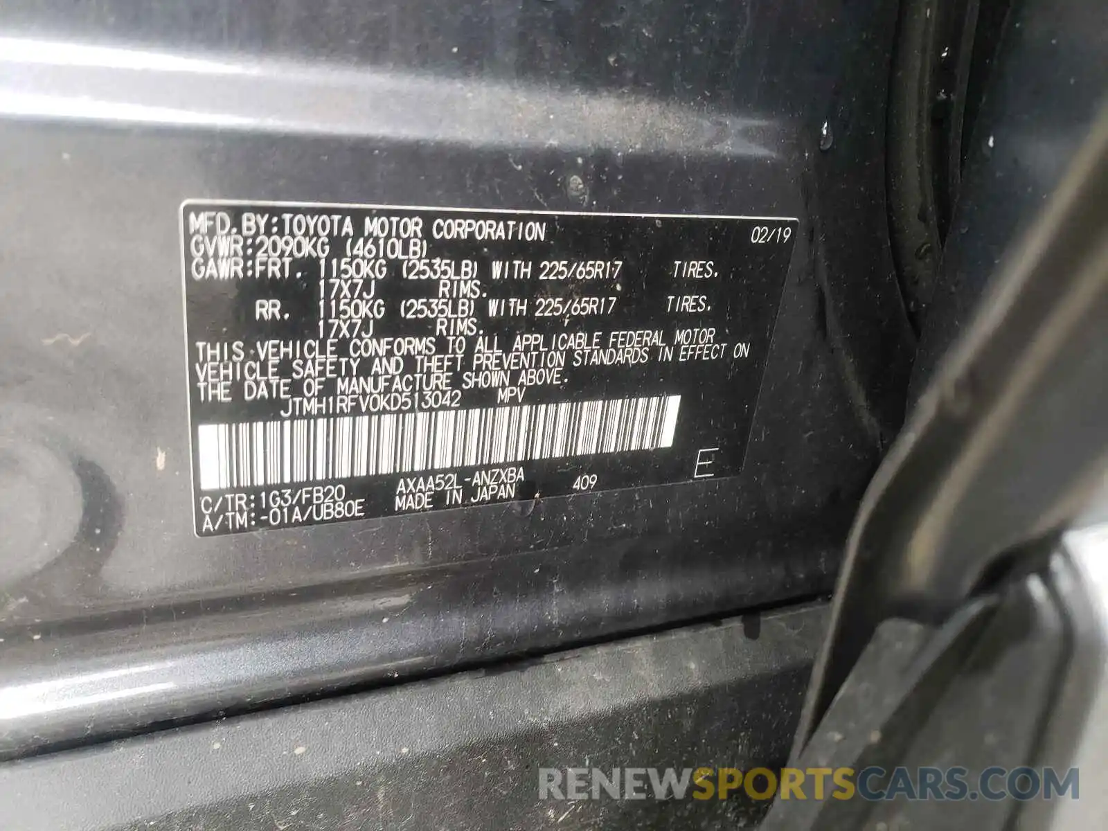 10 Photograph of a damaged car JTMH1RFV0KD513042 TOYOTA RAV4 2019