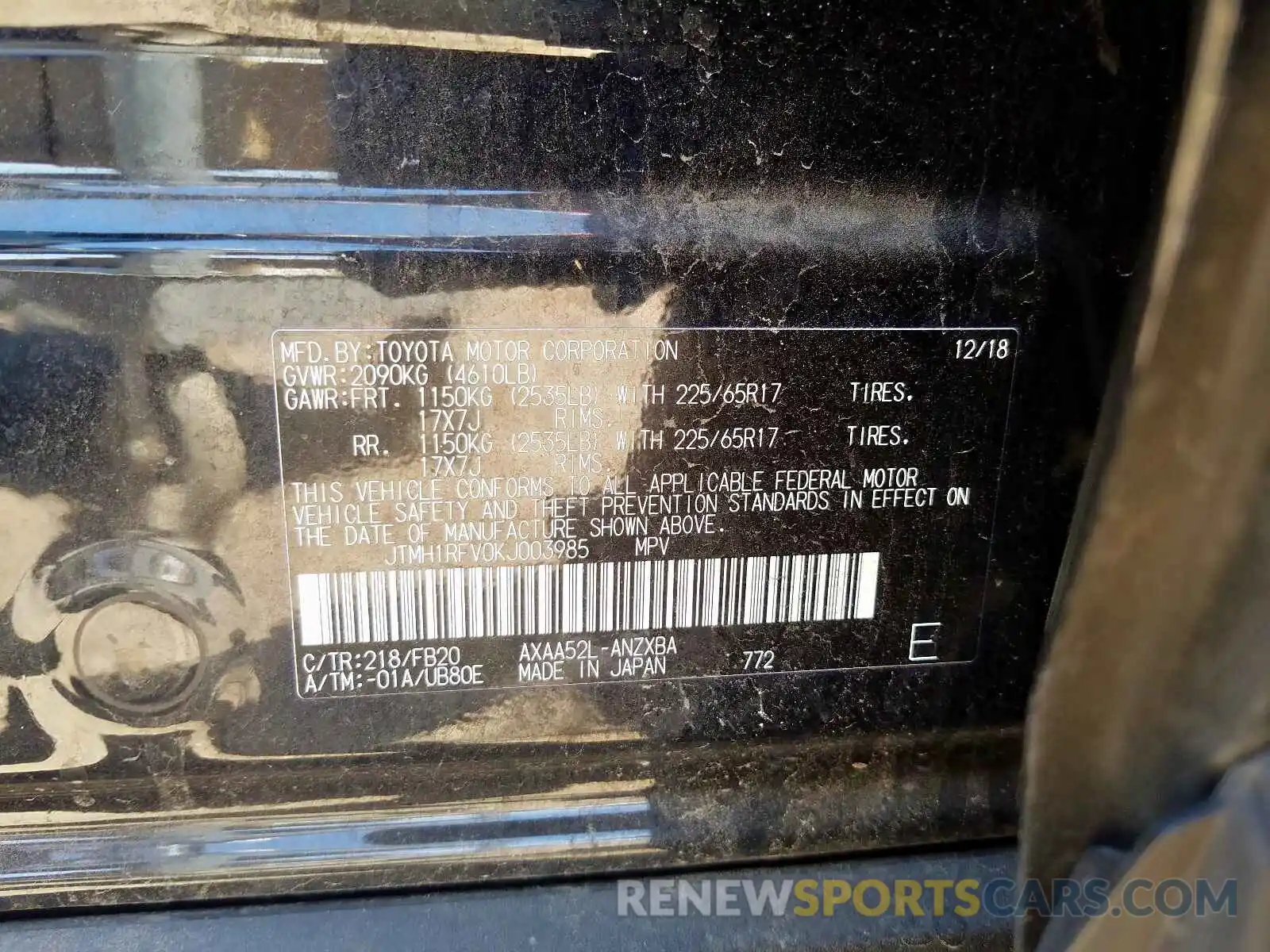 10 Photograph of a damaged car JTMH1RFV0KJ003985 TOYOTA RAV4 2019