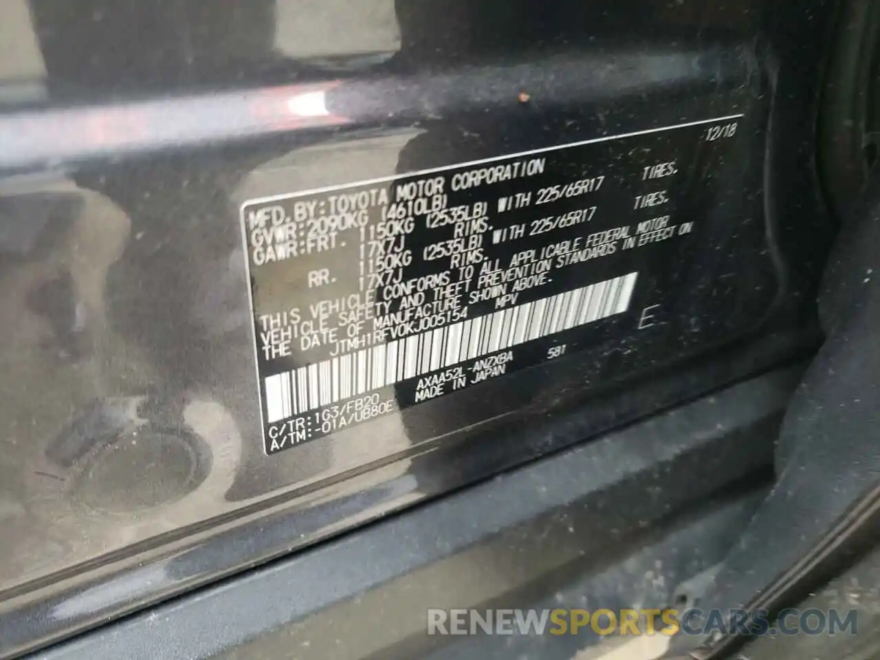 10 Photograph of a damaged car JTMH1RFV0KJ005154 TOYOTA RAV4 2019