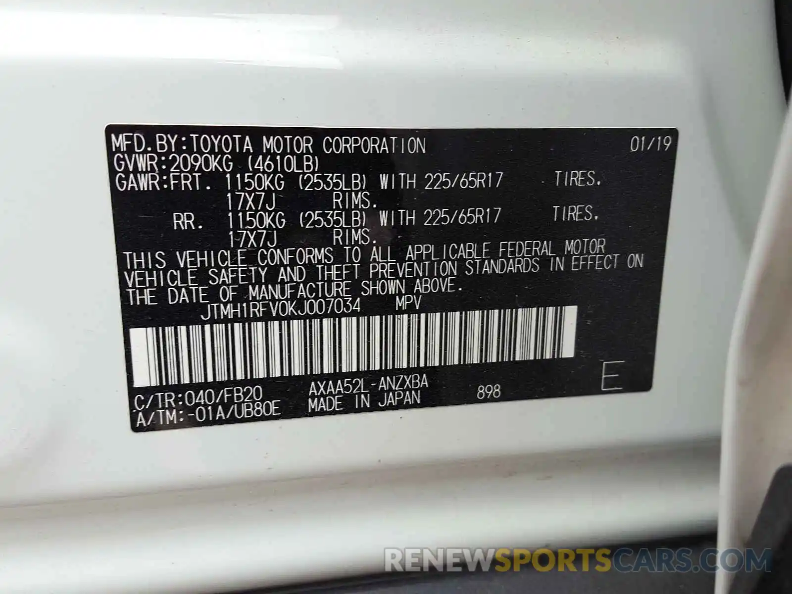 10 Фотография поврежденного автомобиля JTMH1RFV0KJ007034 TOYOTA RAV4 2019