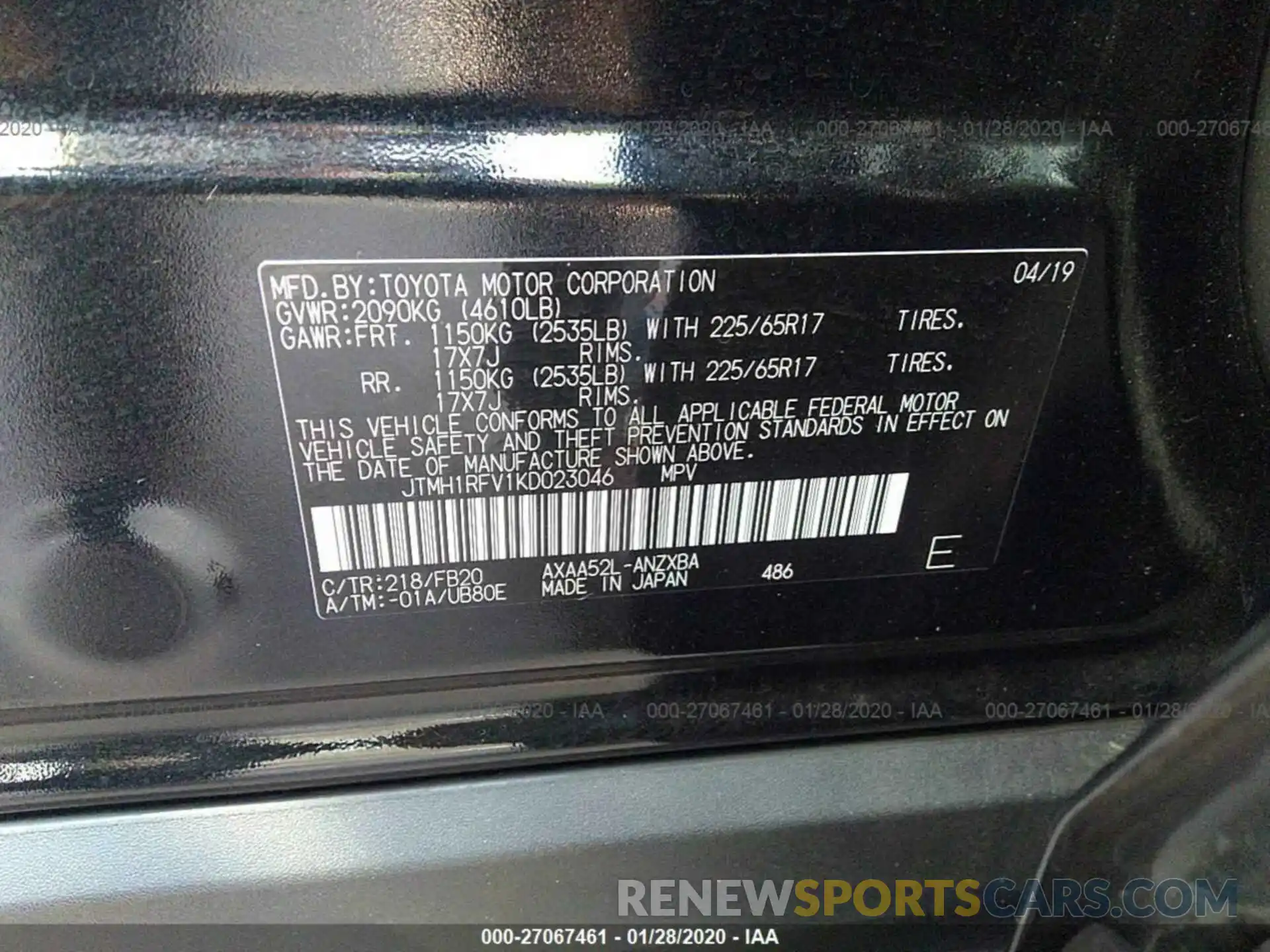 9 Фотография поврежденного автомобиля JTMH1RFV1KD023046 TOYOTA RAV4 2019