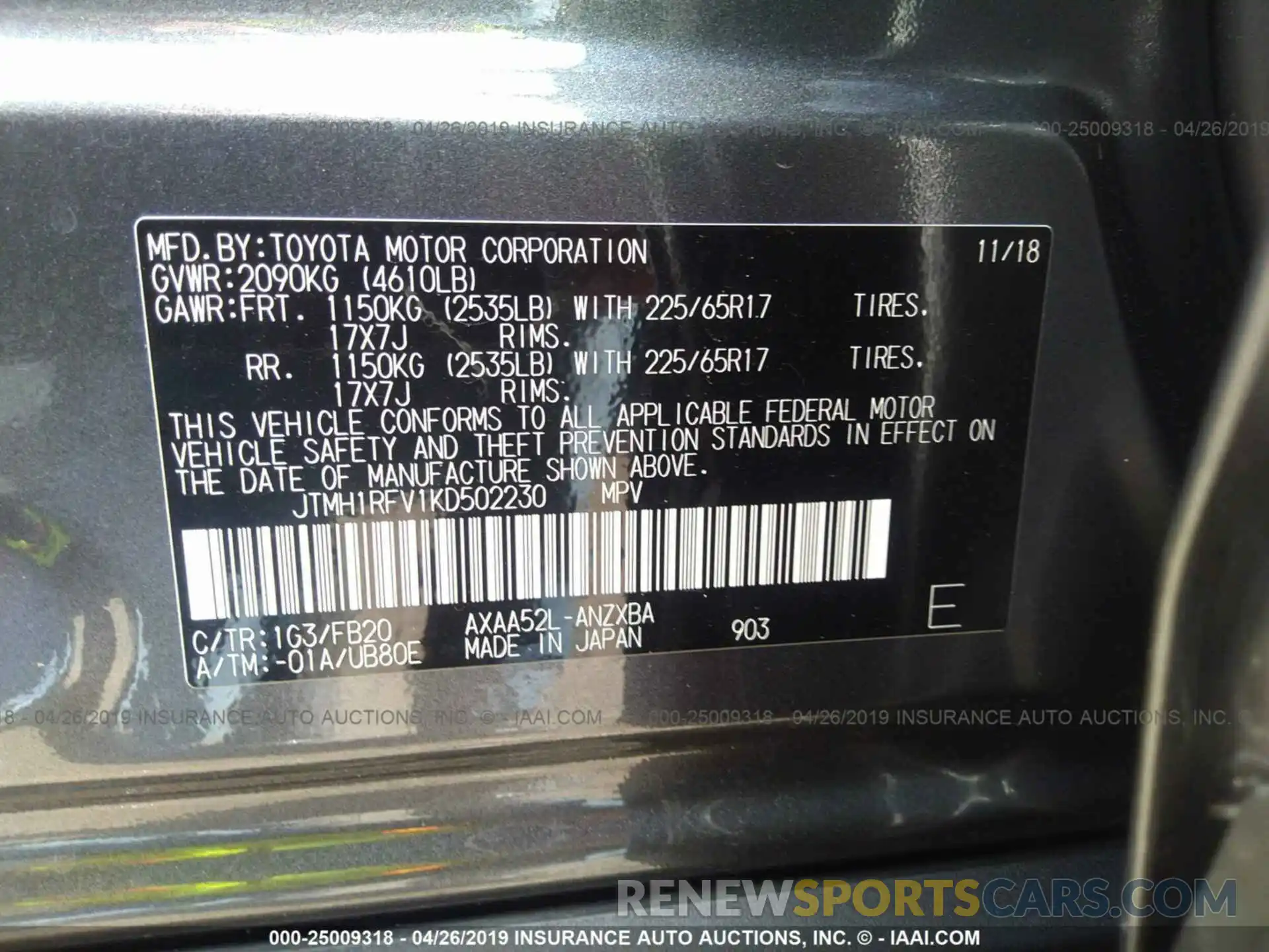 9 Фотография поврежденного автомобиля JTMH1RFV1KD502230 TOYOTA RAV4 2019