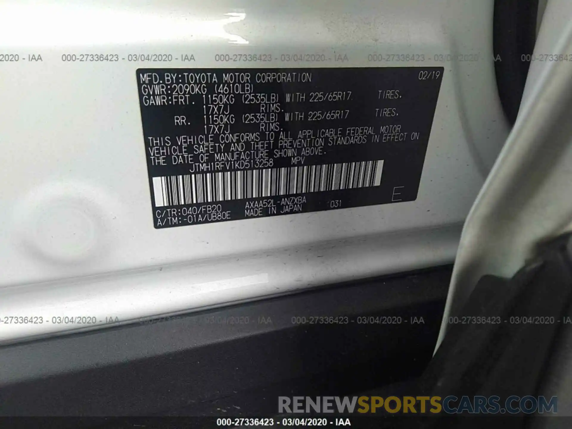 9 Фотография поврежденного автомобиля JTMH1RFV1KD513258 TOYOTA RAV4 2019