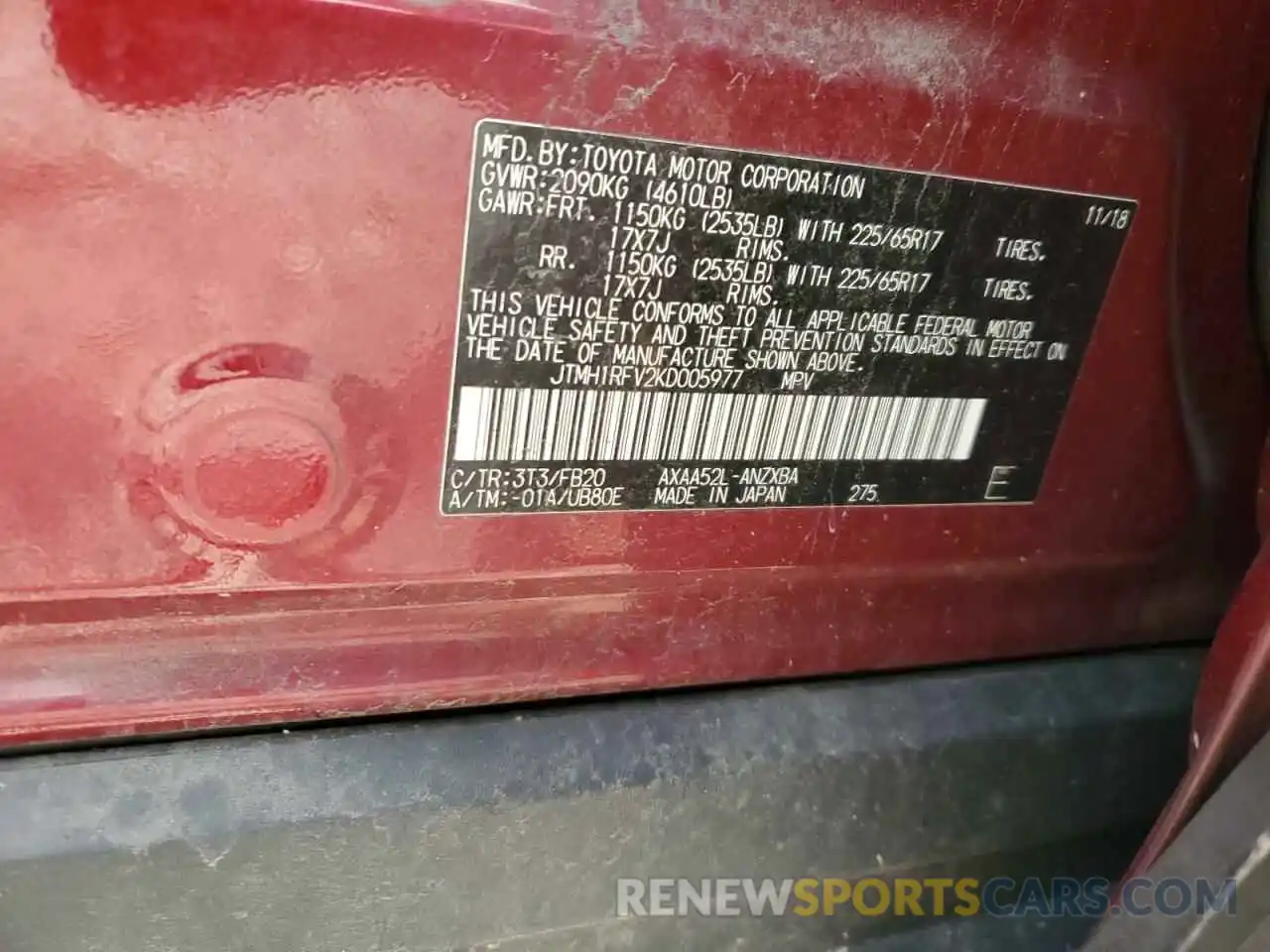 13 Photograph of a damaged car JTMH1RFV2KD005977 TOYOTA RAV4 2019