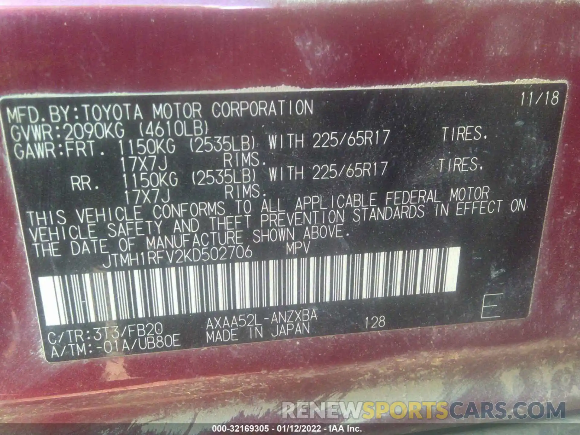 9 Фотография поврежденного автомобиля JTMH1RFV2KD502706 TOYOTA RAV4 2019