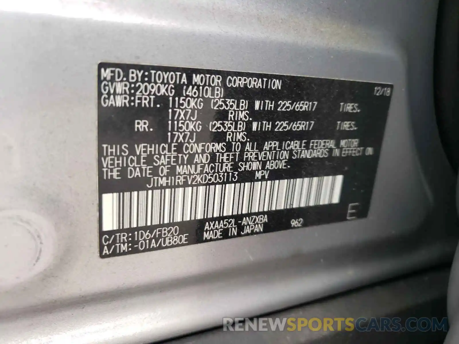 10 Фотография поврежденного автомобиля JTMH1RFV2KD503113 TOYOTA RAV4 2019