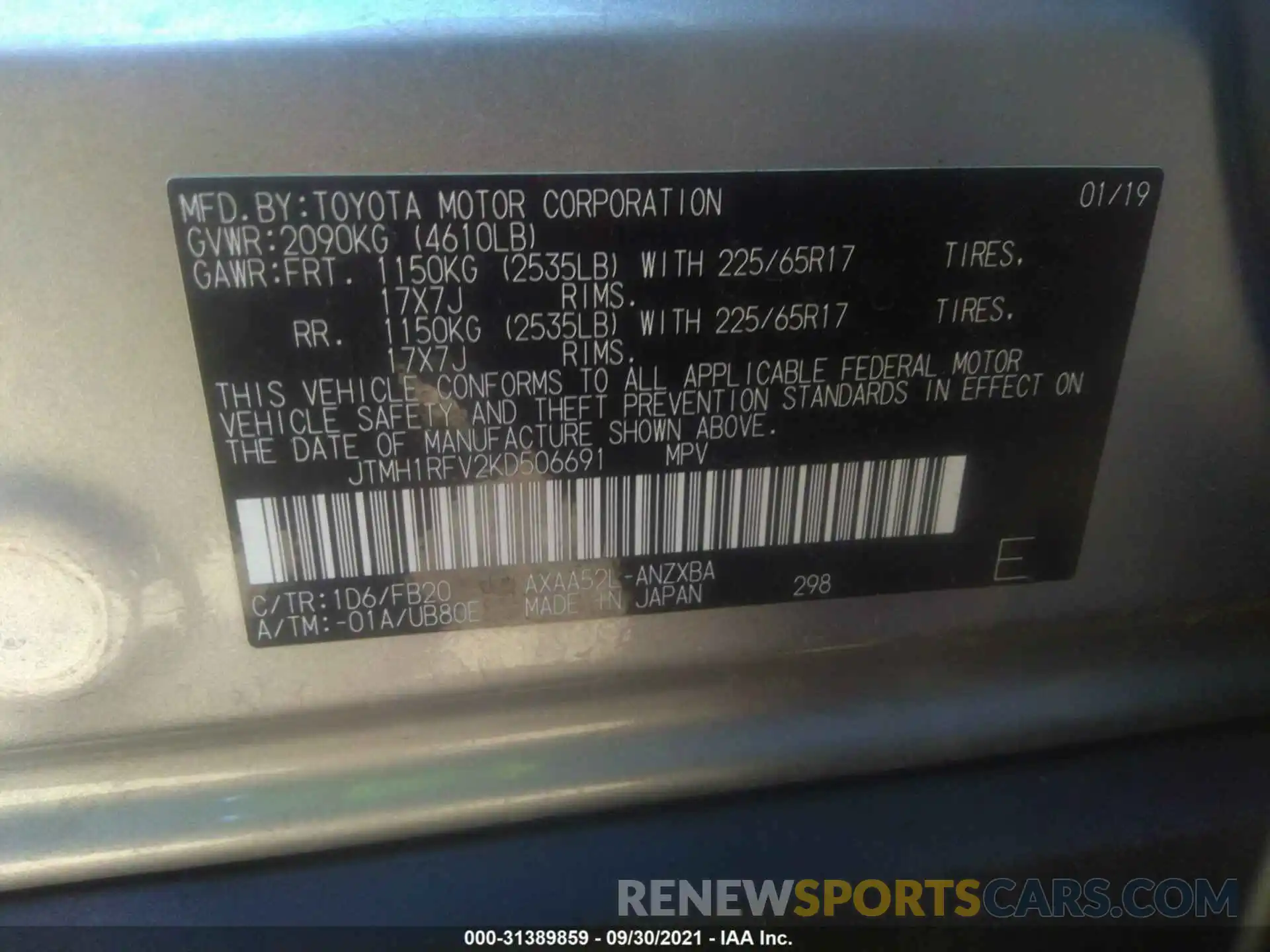 9 Фотография поврежденного автомобиля JTMH1RFV2KD506691 TOYOTA RAV4 2019