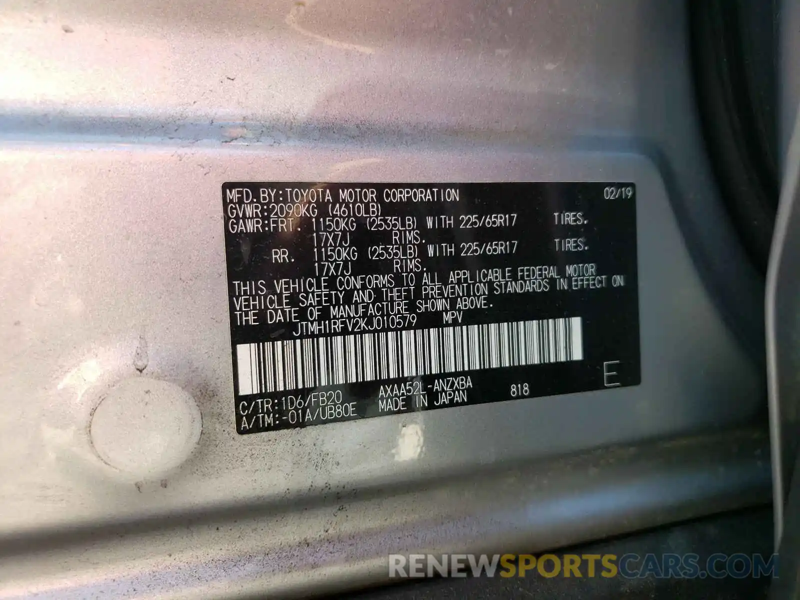 10 Photograph of a damaged car JTMH1RFV2KJ010579 TOYOTA RAV4 2019